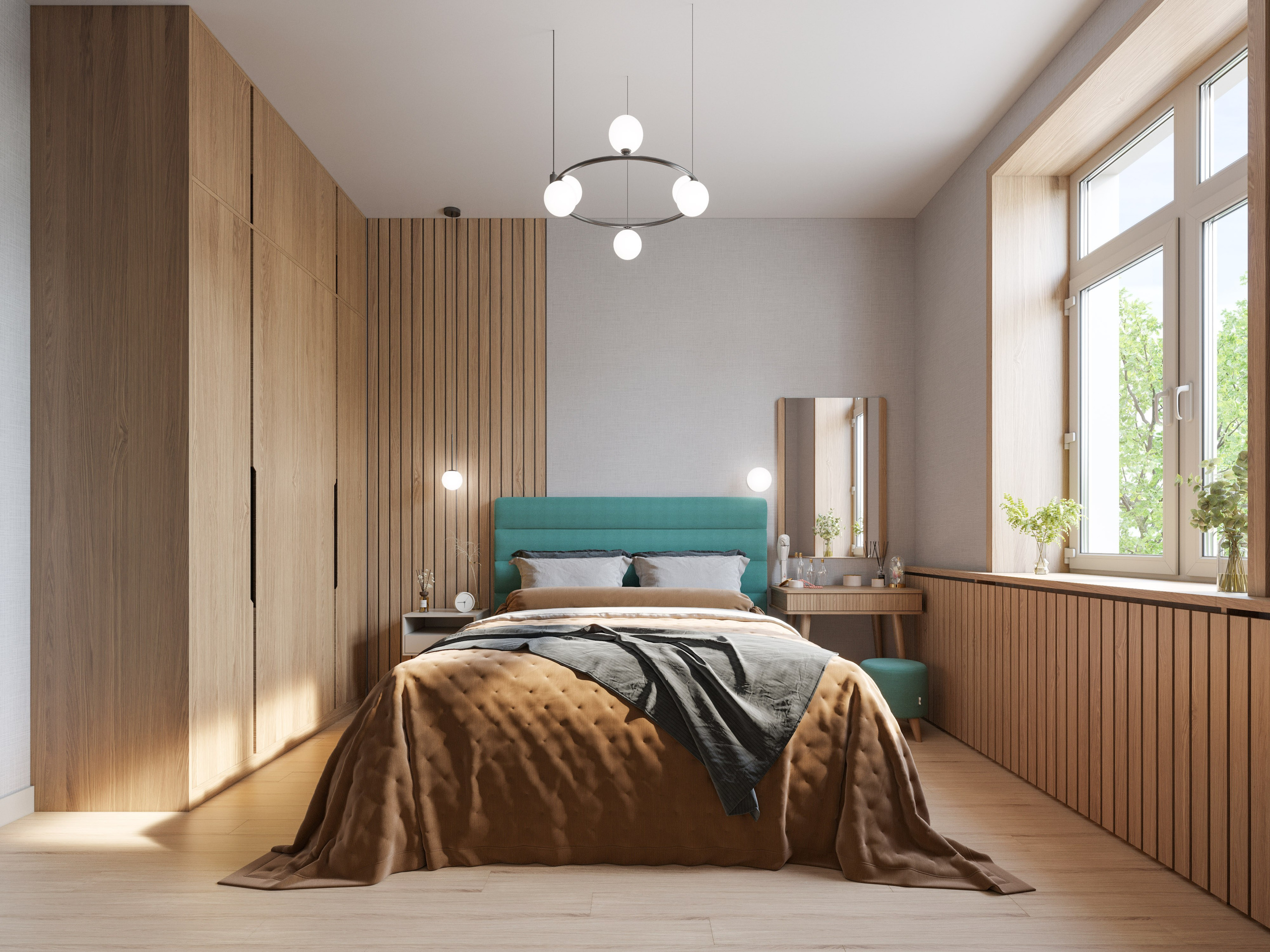 3D визуализация светлой спальни с встроенным деревянным шкафом и рабочей зоной