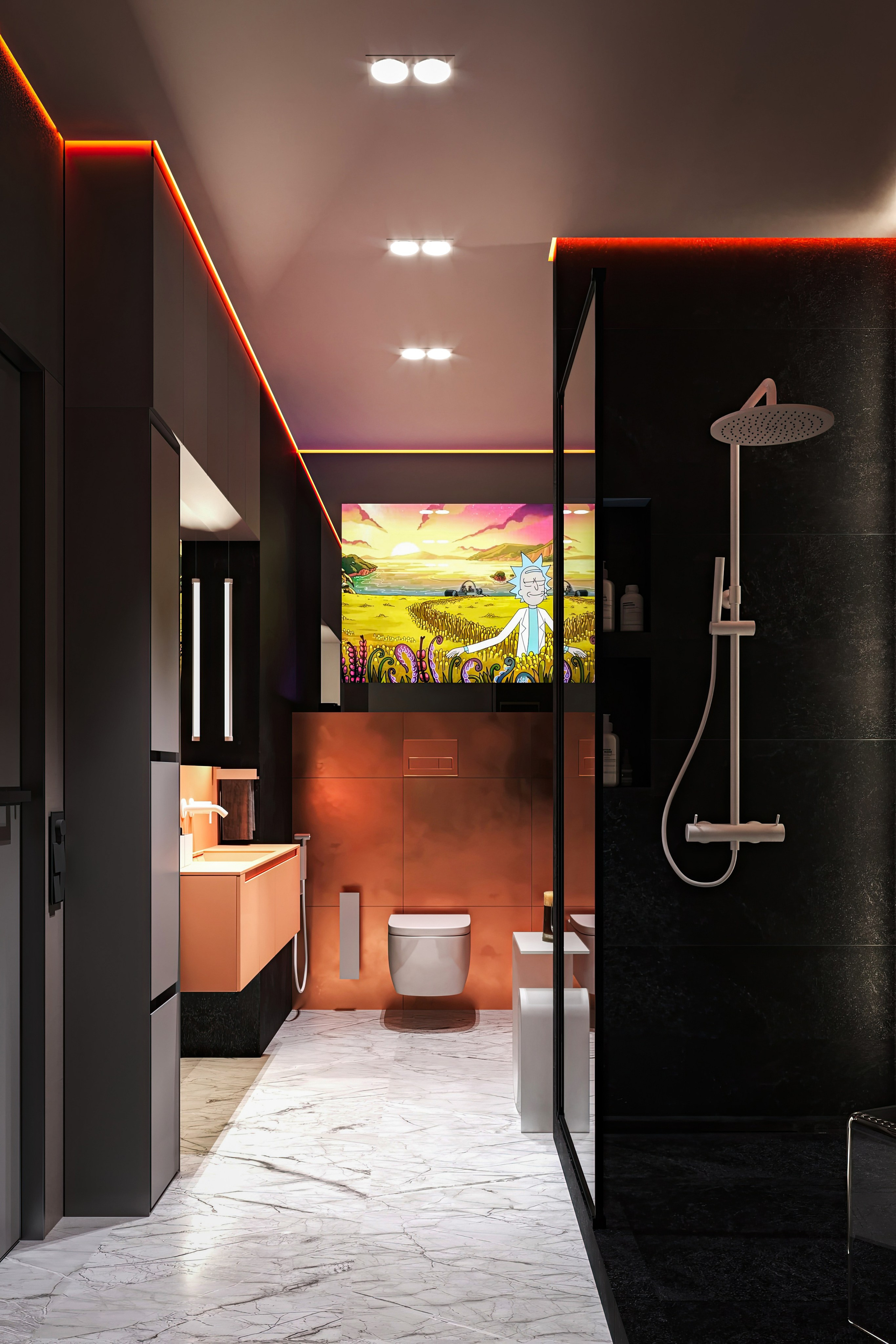 Санузел со встроенным TV экраном, Концептуальный проект. Дизайн интерьера и экстерьера в Санкт-Петербурге Яна Емельянова