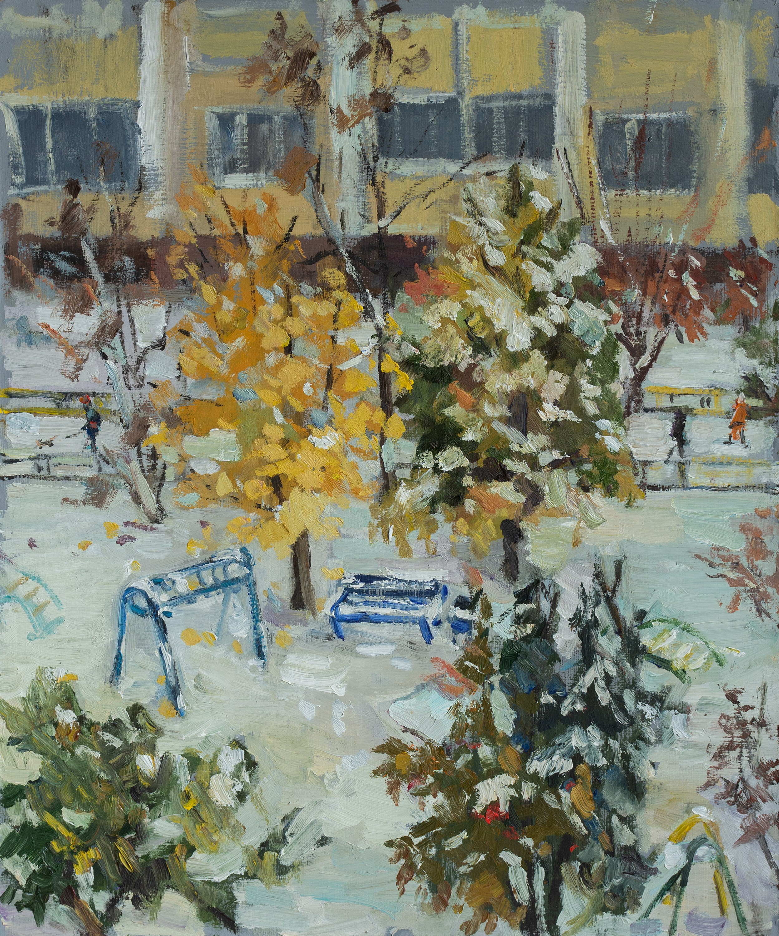 "Первый снег в октябре. Воронеж" оргалит, масло 38.5х32см, 2023г