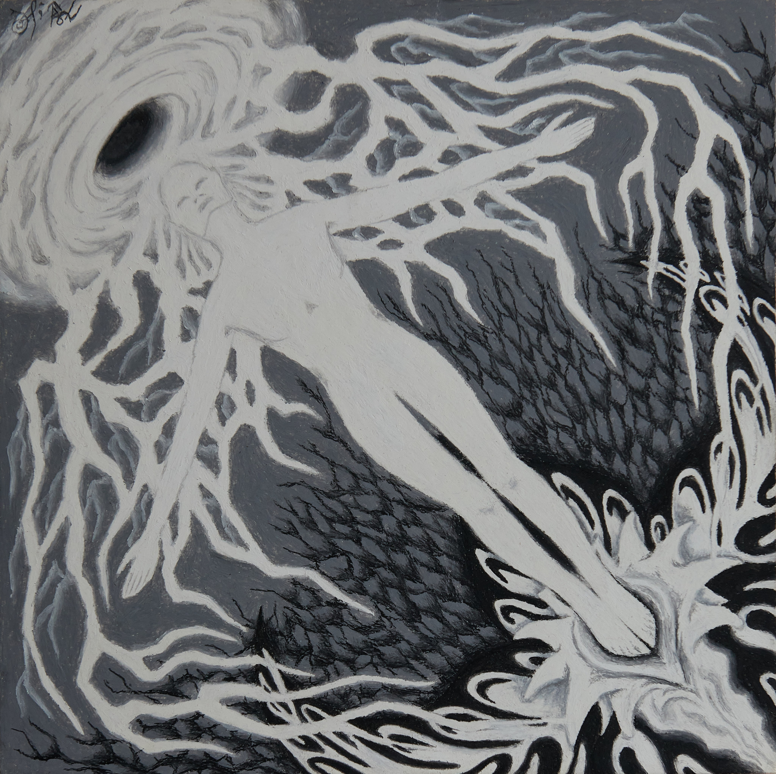 Вознесение. Вселенский человек, рождённый в лоне цветка животворения, обретает свободный полёт на крыльях волевой мощи. Он возносится в воронку отворения потенциала данностей самореализации к своему самоопределению развития (возможного) в единой всеобщей развёрнутости миросознания. Год создания: 2018 г.