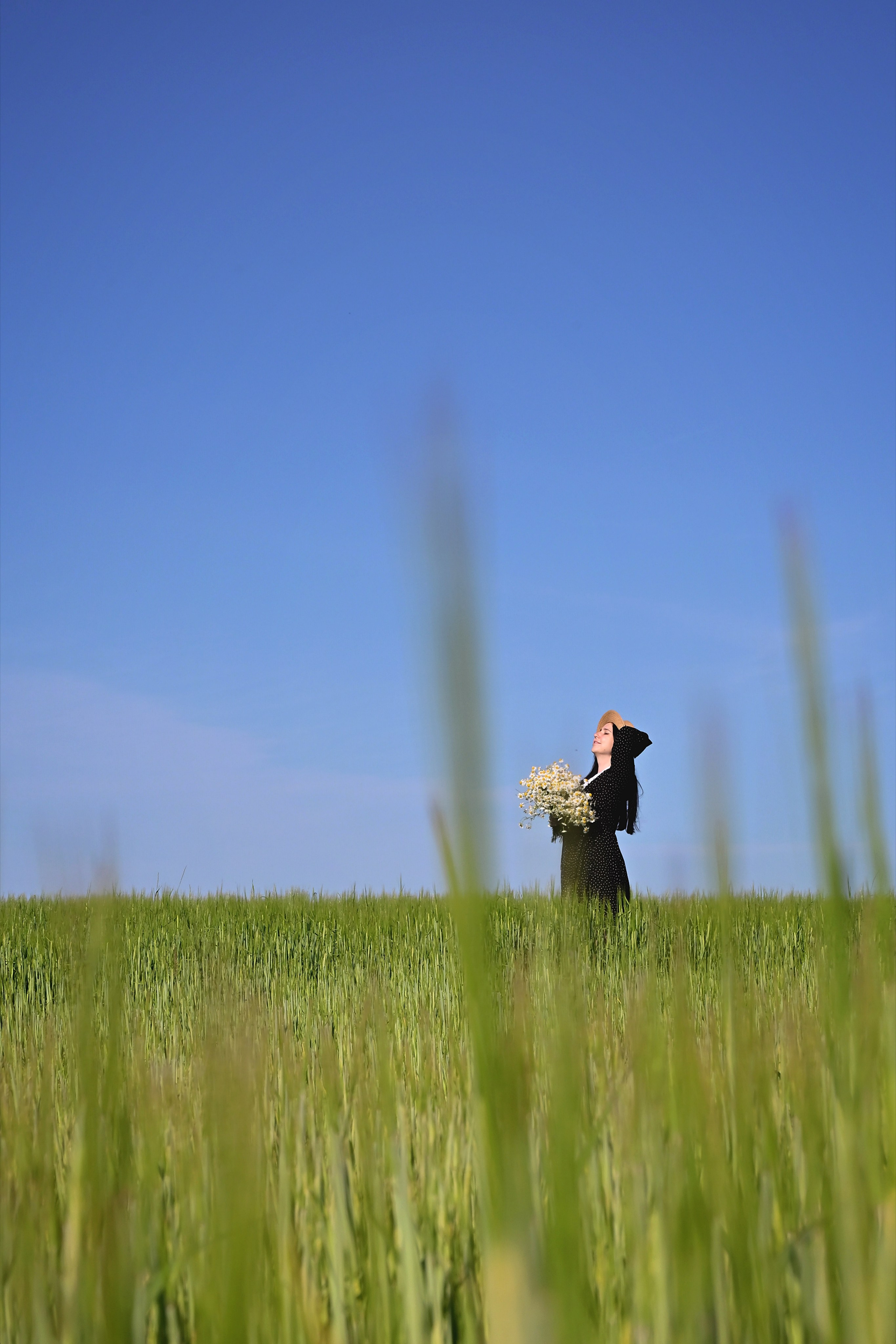 Девушка в шляпе в поле в шляпе с букетом ромашек