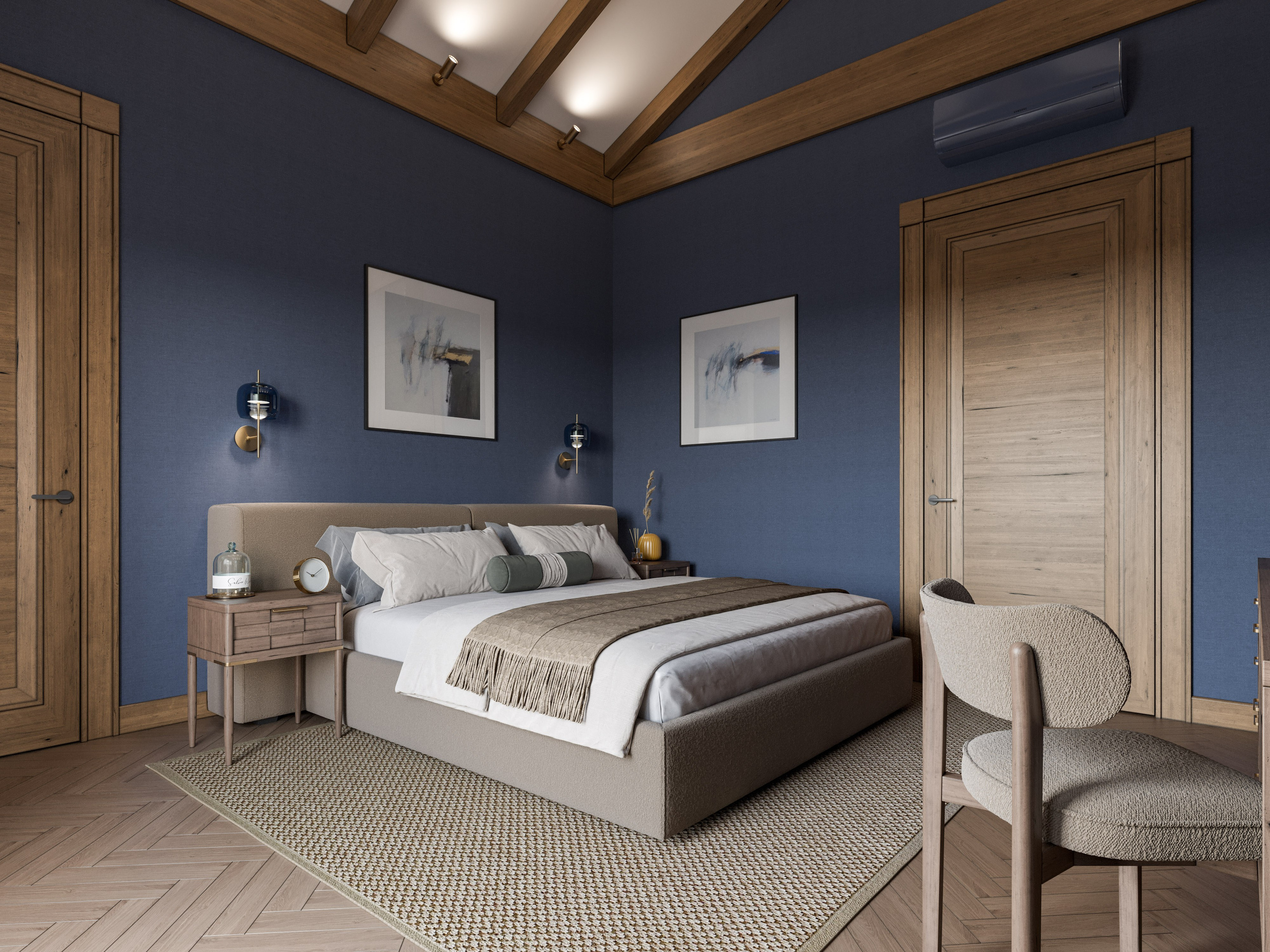 Прикроватные тумбы из дерева в спальне дома из сруба с современными светильниками