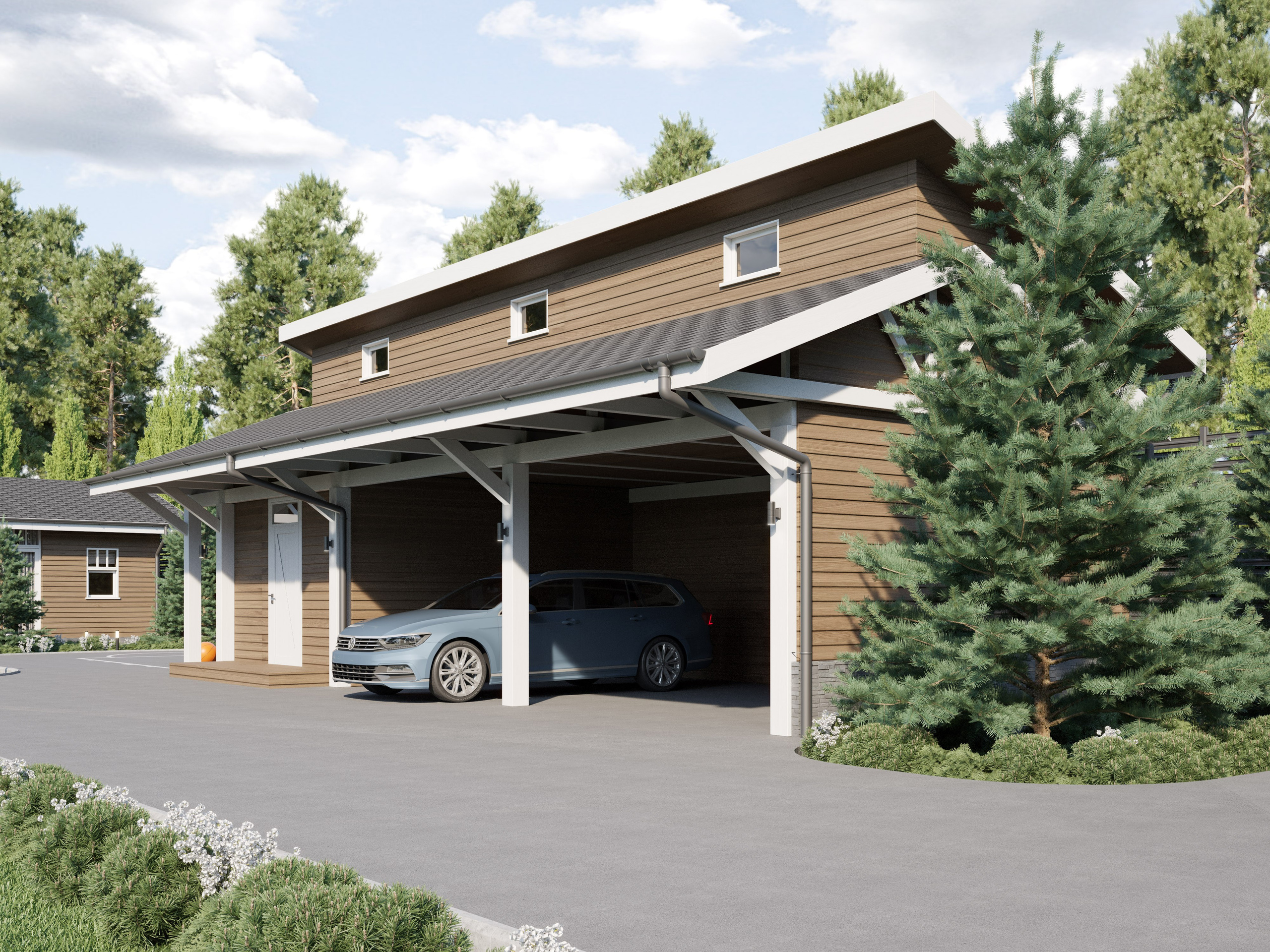 3D визуализация гаража на два автомобиля с навесом под крышей