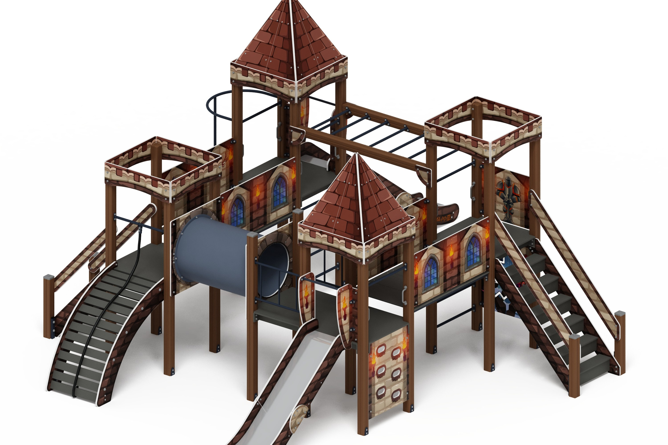 Замок (Средневековый) - ДИК 2.18.02-12 - Игровой комплекс H=1200 H=1500                                                                                                      Габариты (ШхДхВ): 8100x6285x3960                                                                                                                                                                      Зона безопасности, мм: 12100х9285                                                                                                                                                                        Скат горки: H=1200 (металлический скат) / H=1500 (металлический скат)
