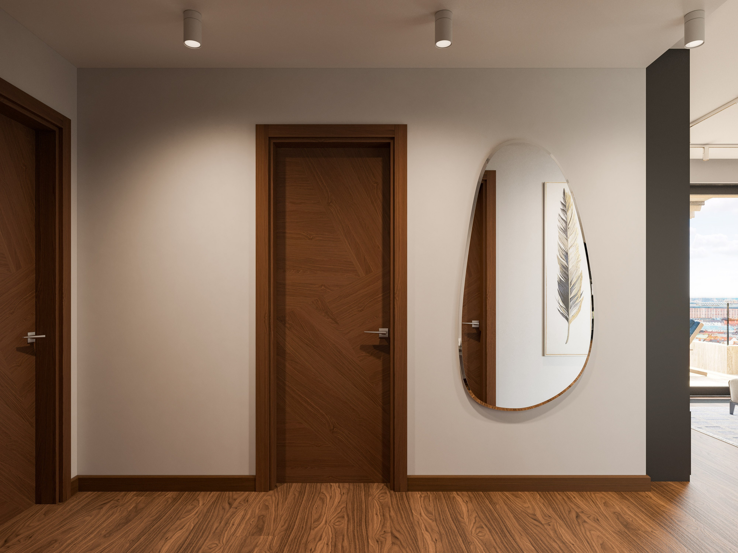 Прихожая квартиры в Белграде с розовой консолью и зеркалом нестандартной формы