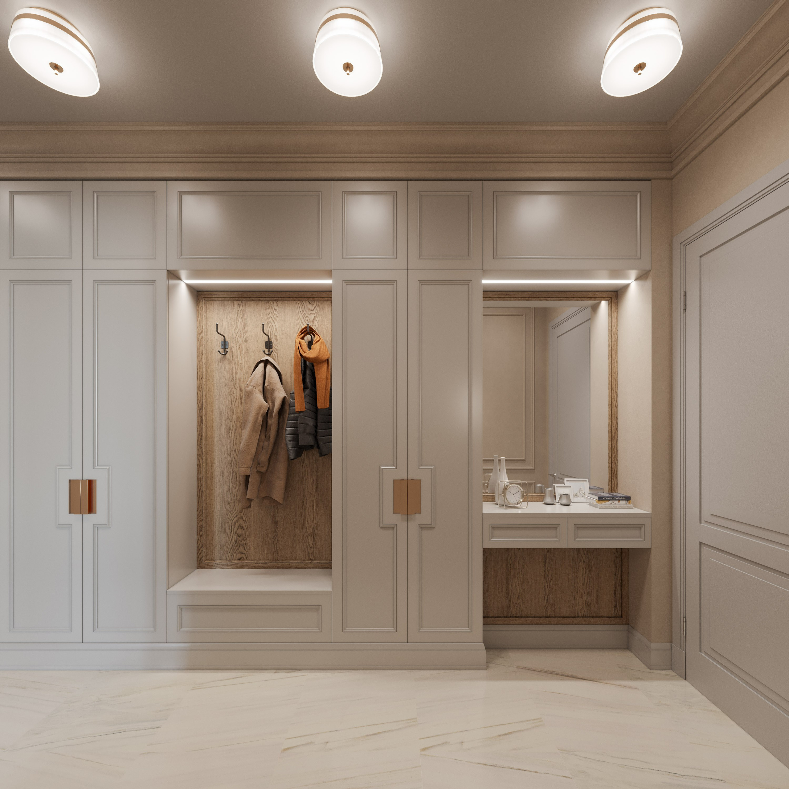 3D визуализация просторной прихожей с консолью и зеркалом в неоклассическом стиле.