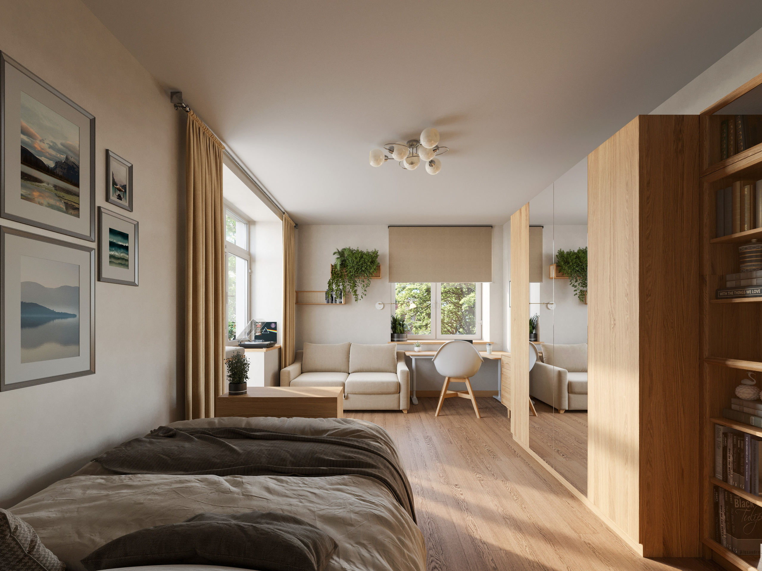 3D визуализация интерьера спальни в светлых тонах с акцентом на дерево.
