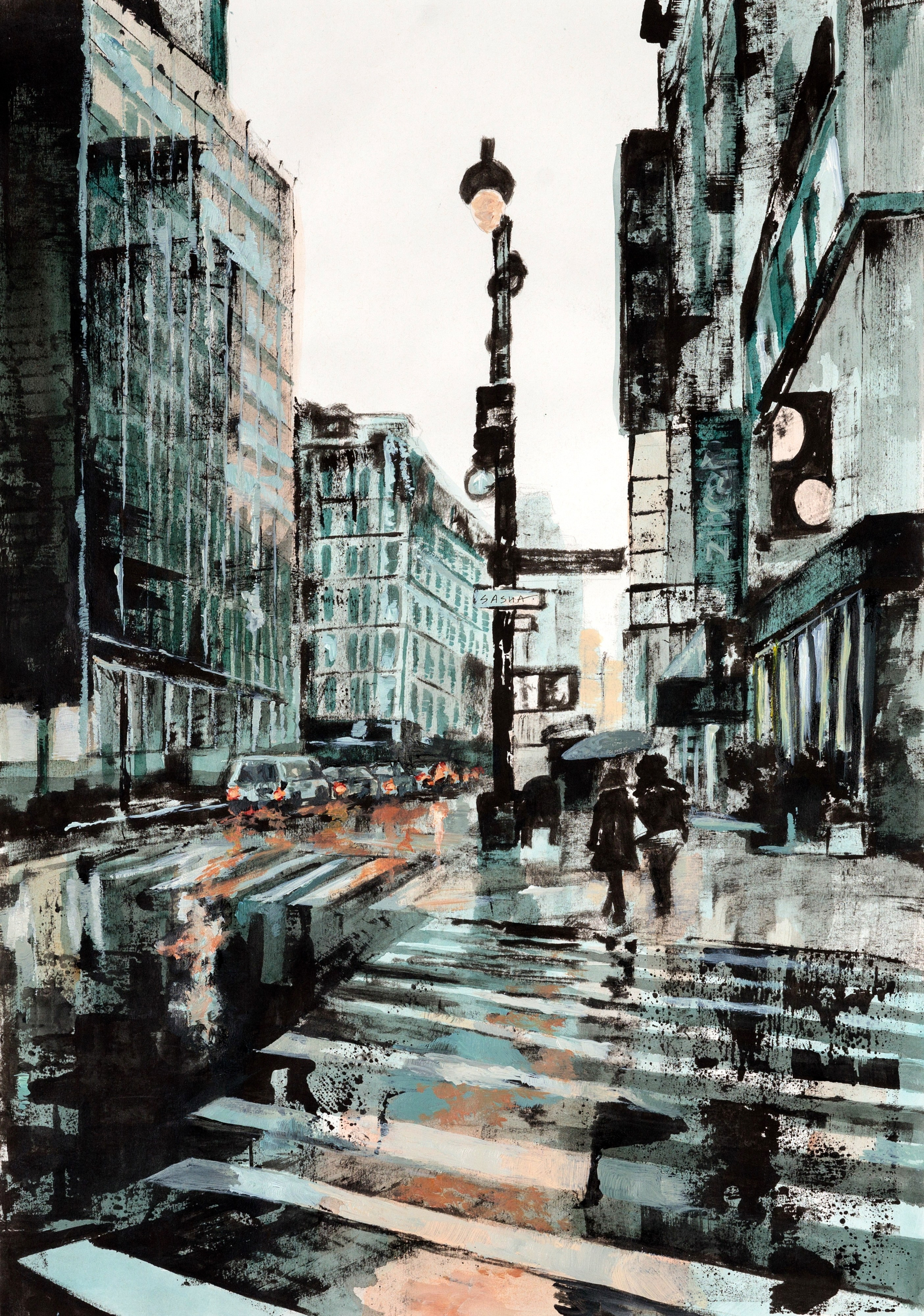 Дождливый день в городе, два человека переходят улицу через пешеходный переход