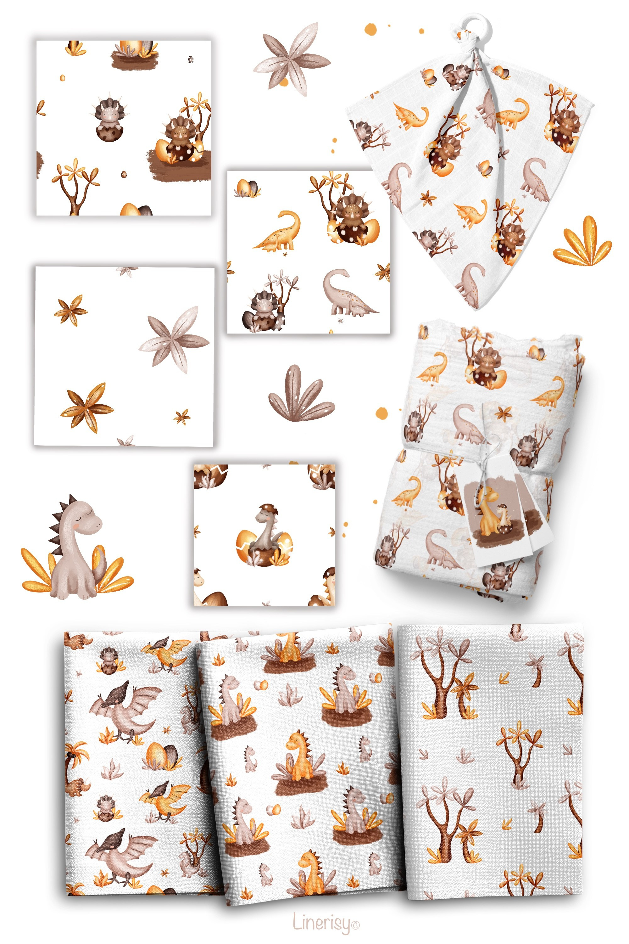 Коллекция «Милые динозавры» — графические иллюстрации, композиции, постеры и бесшовные паттерны. Художник-иллюстратор Евгения Бекренёва