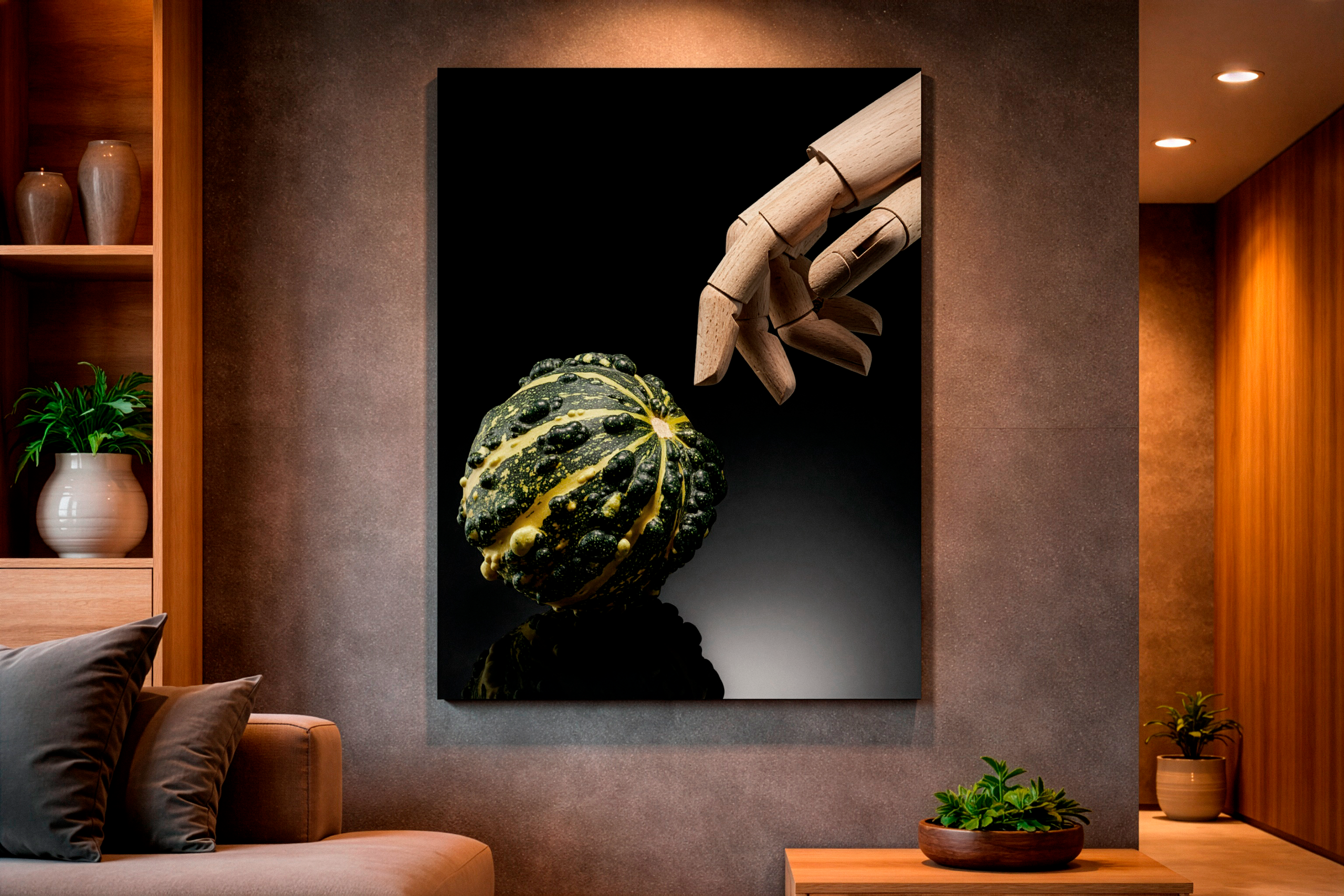 Авторская предметная фотография декоративной тыквы и деревянной руки в интерьерной подаче с тёплым освещением.