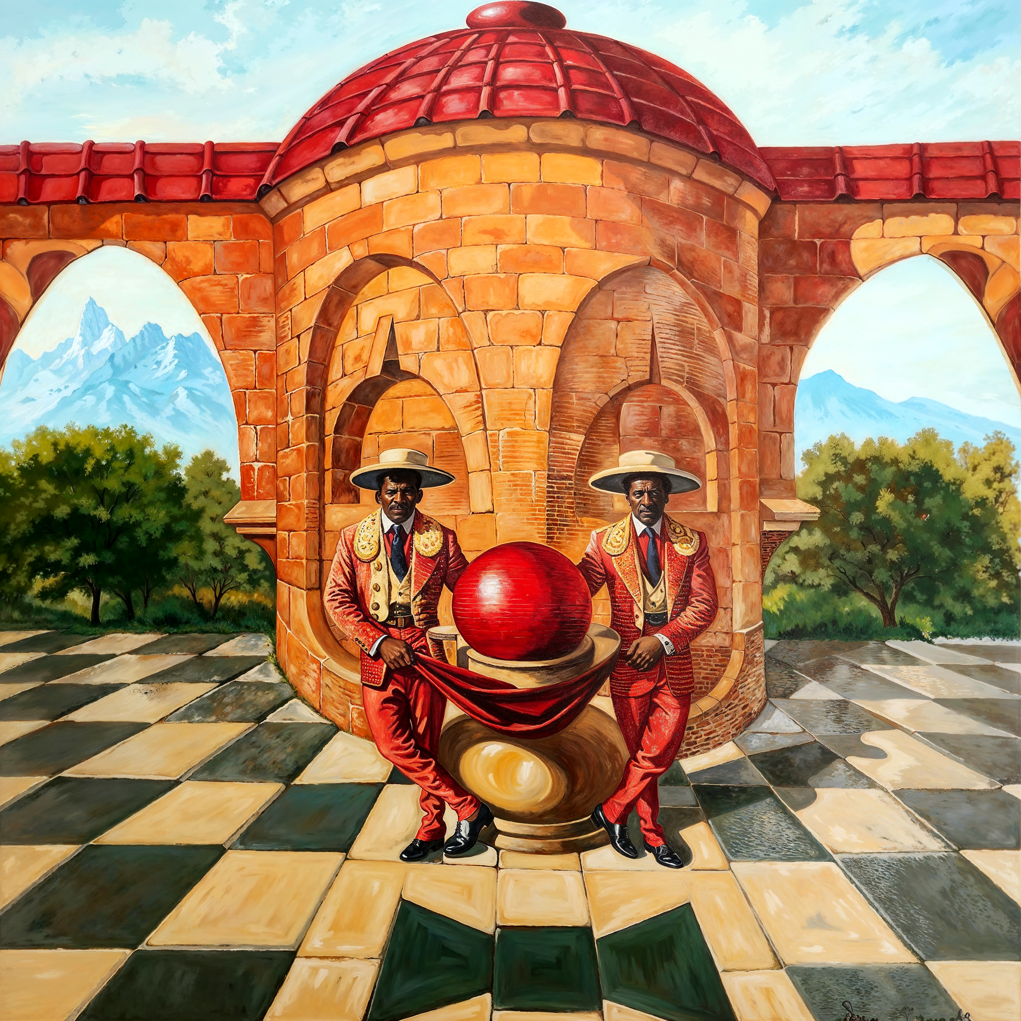 Иллюзия лица клоуна, составленного из двух матадоров и архитектурных элементов – по мотивам Артуша Восканяна