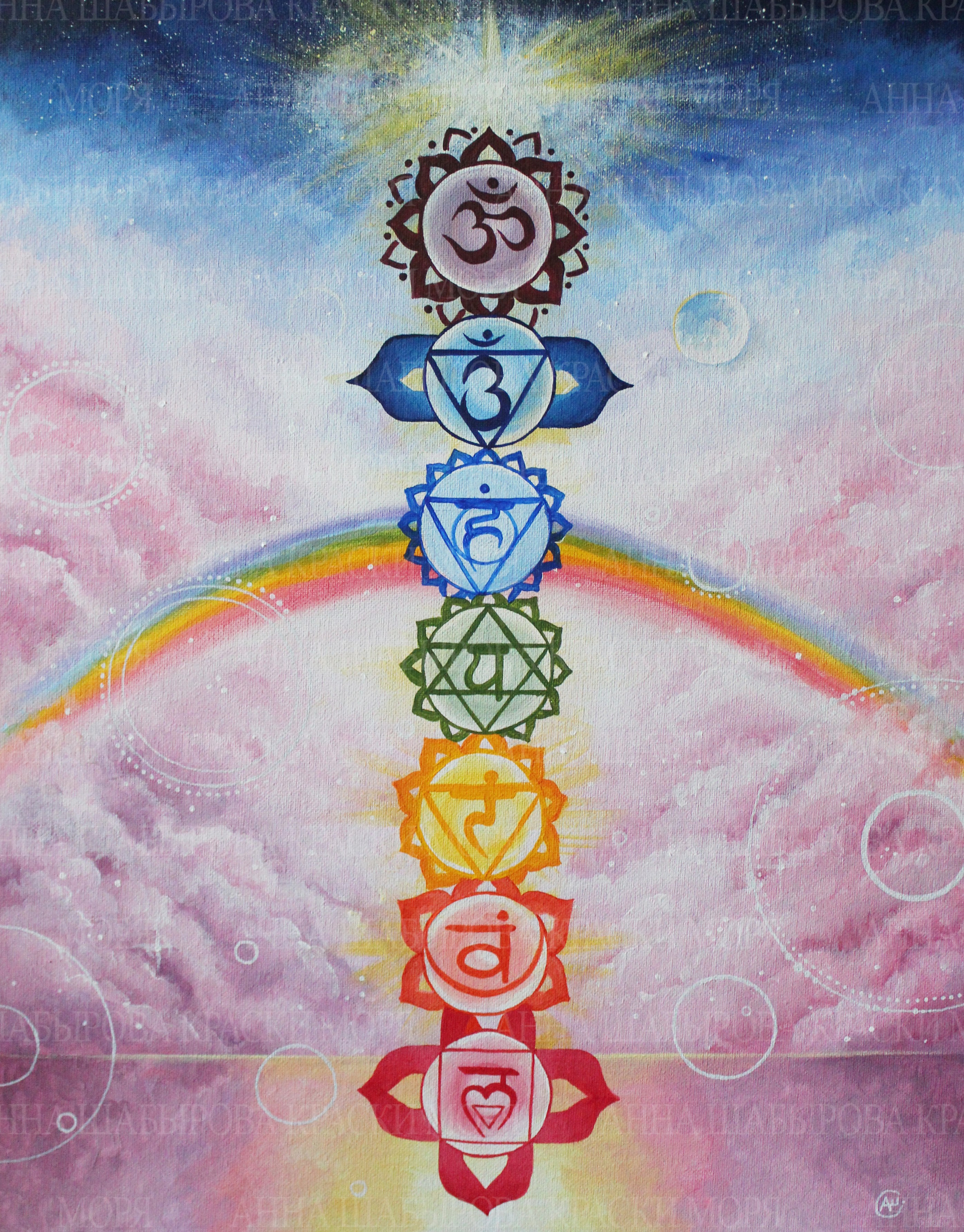 Чакры. Холст, акрил, в раме. 40x50 см. 21 000 р. Символ-талисман для практикующих йогу, медитации, восточные традиции. Считается, что соприкасаясь с символами, представляя их форму/цвет/объем, мы запускаем процессы очищения и наполнения в энергетических центрах. Подтверждению этому могут быть физические ощущения: тепло, мурашки, сжатие и тд. 