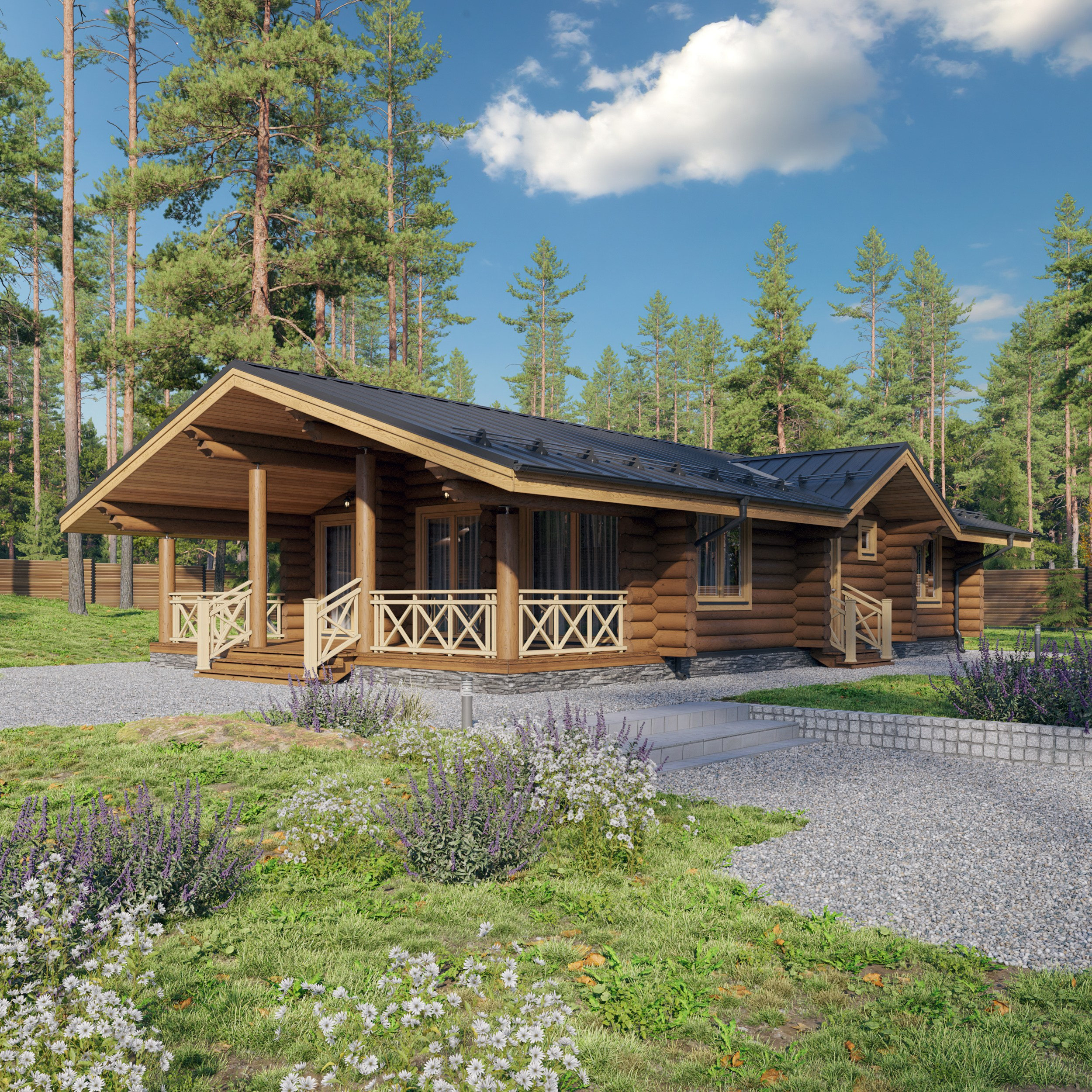 Архитектурная визуализация одноэтажного деревянного дома, расположенный на зеленом участке среди леса