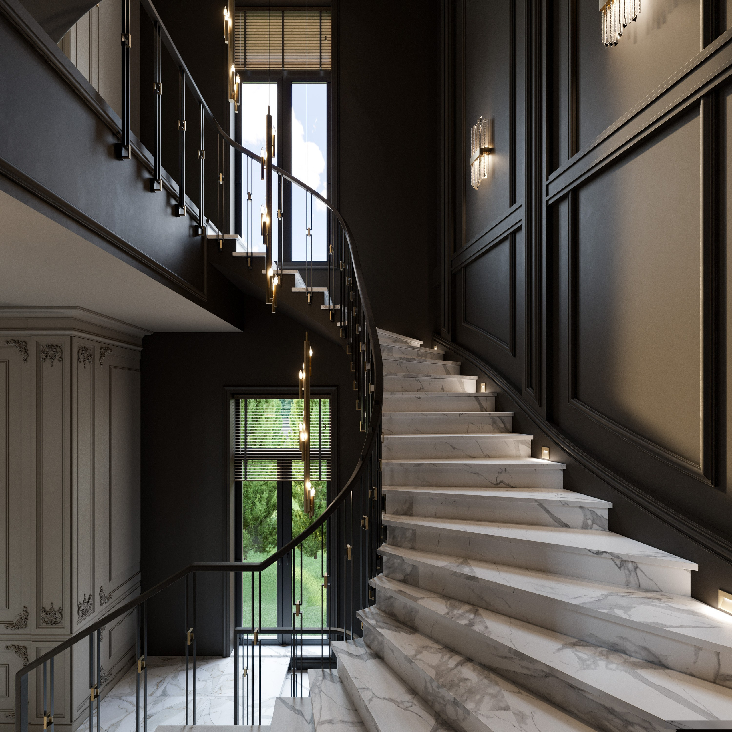Главная лестница с мраморными ступенями и деревянными поручнями в классическом стиле