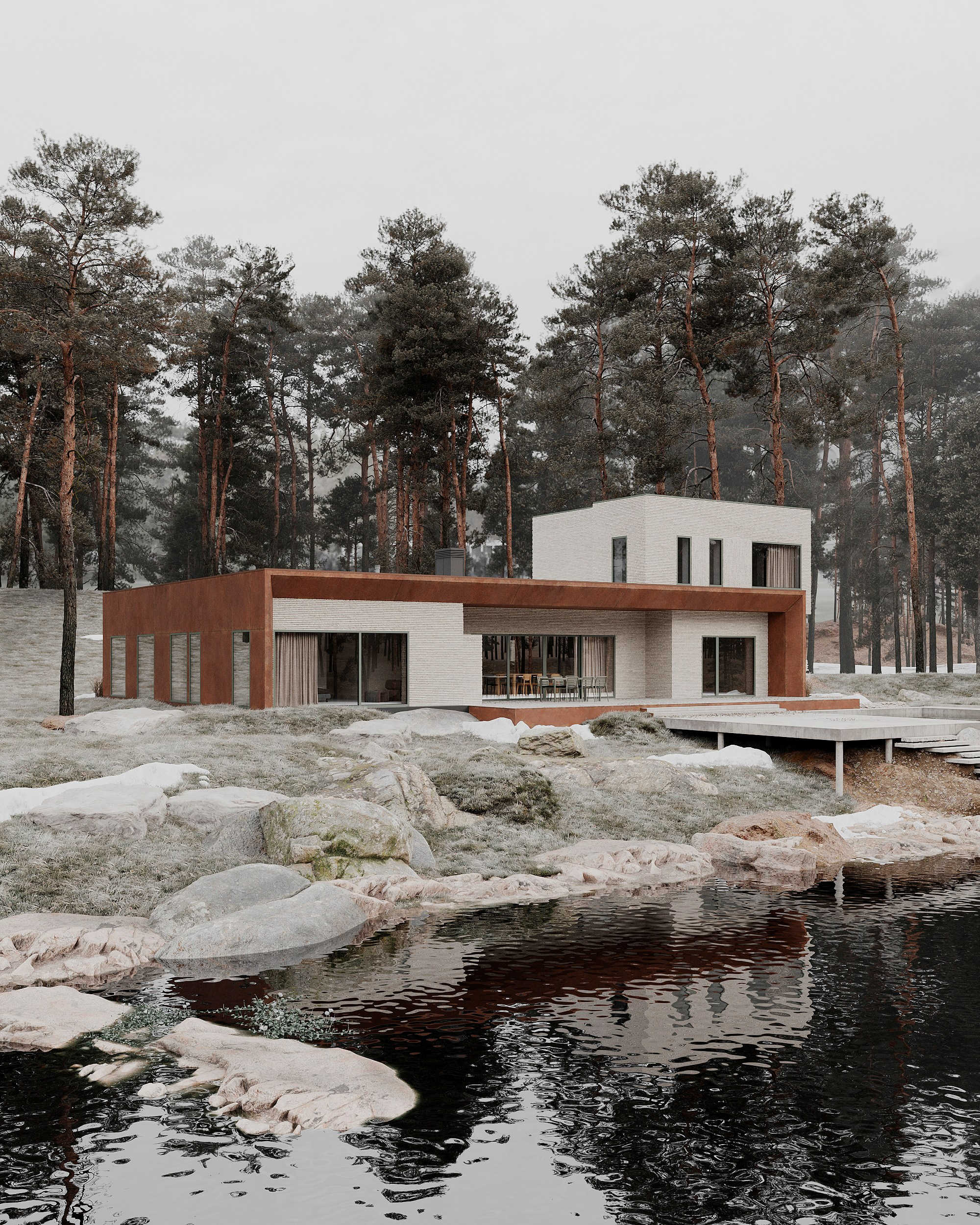 современная архитектура, загородный дом в скандинавском стиле, минимализм, природа, отдых, кортеновская сталь, ригельный кирпич