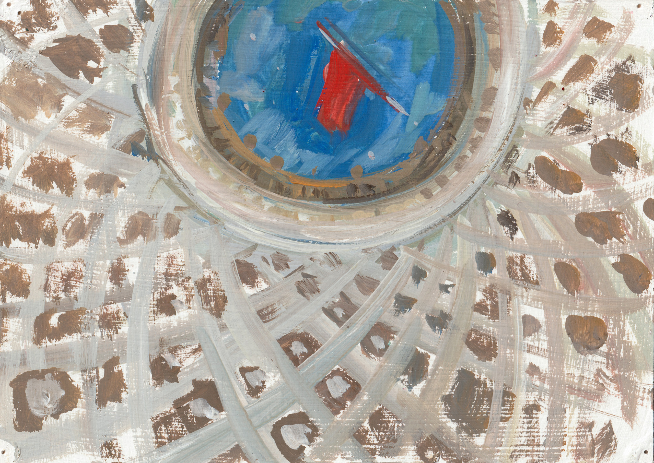 "Look up. Taganskaya Street. Etude" cardboard, tempera 14x20cm, 2026 not for sale