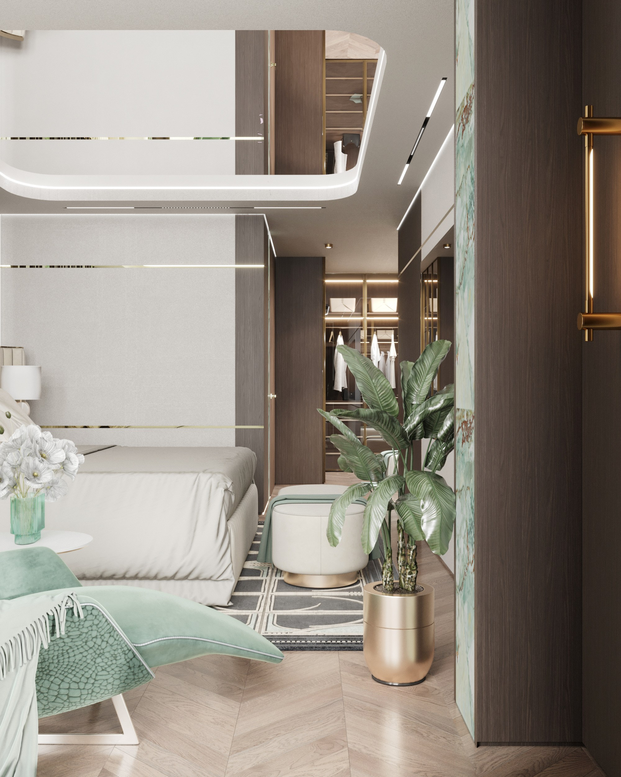 Вид на спальню со стороны шезлонга: кровать в светлых тонах, декоративные панели на стенах