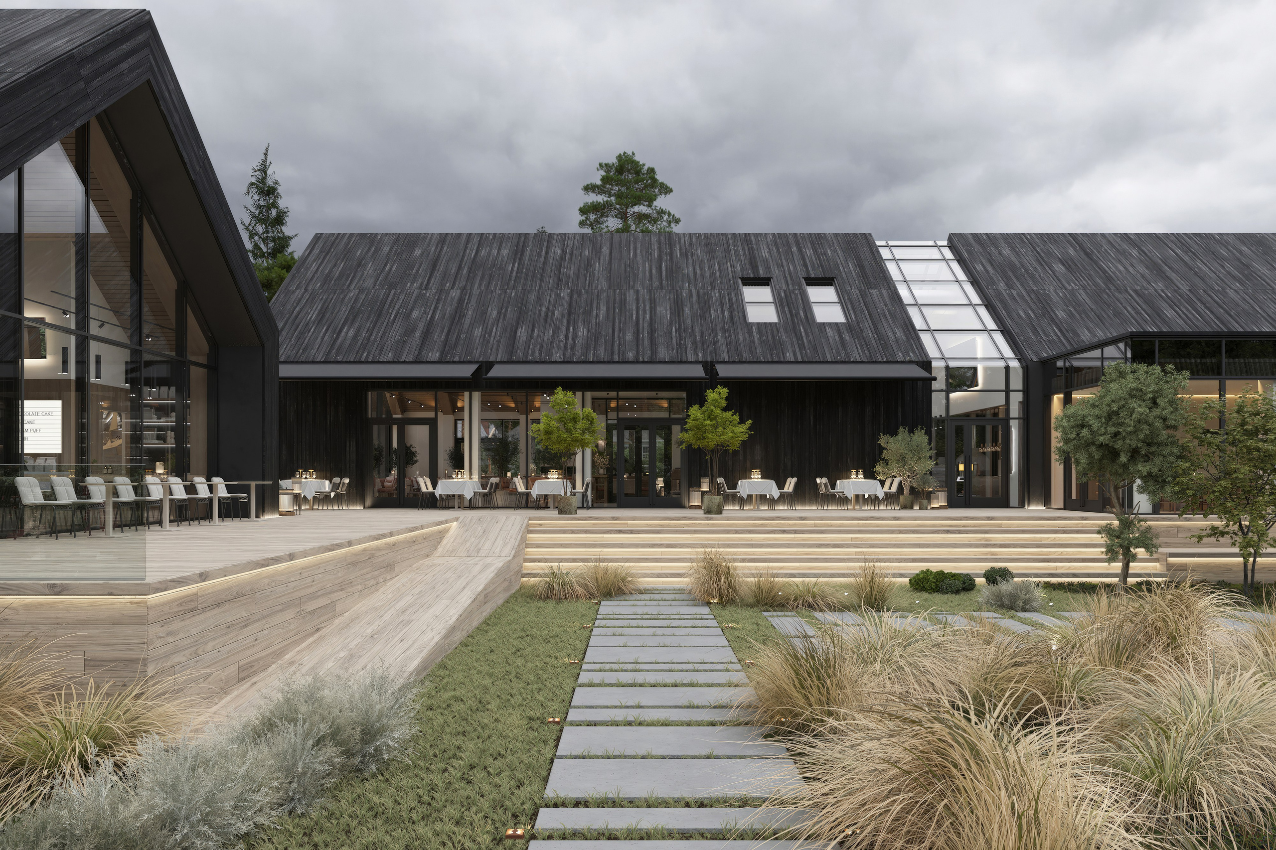3D-визуализация ресторана в Подмосковье, главный вход, натуральные материалы, тёмная отделка, терраса
