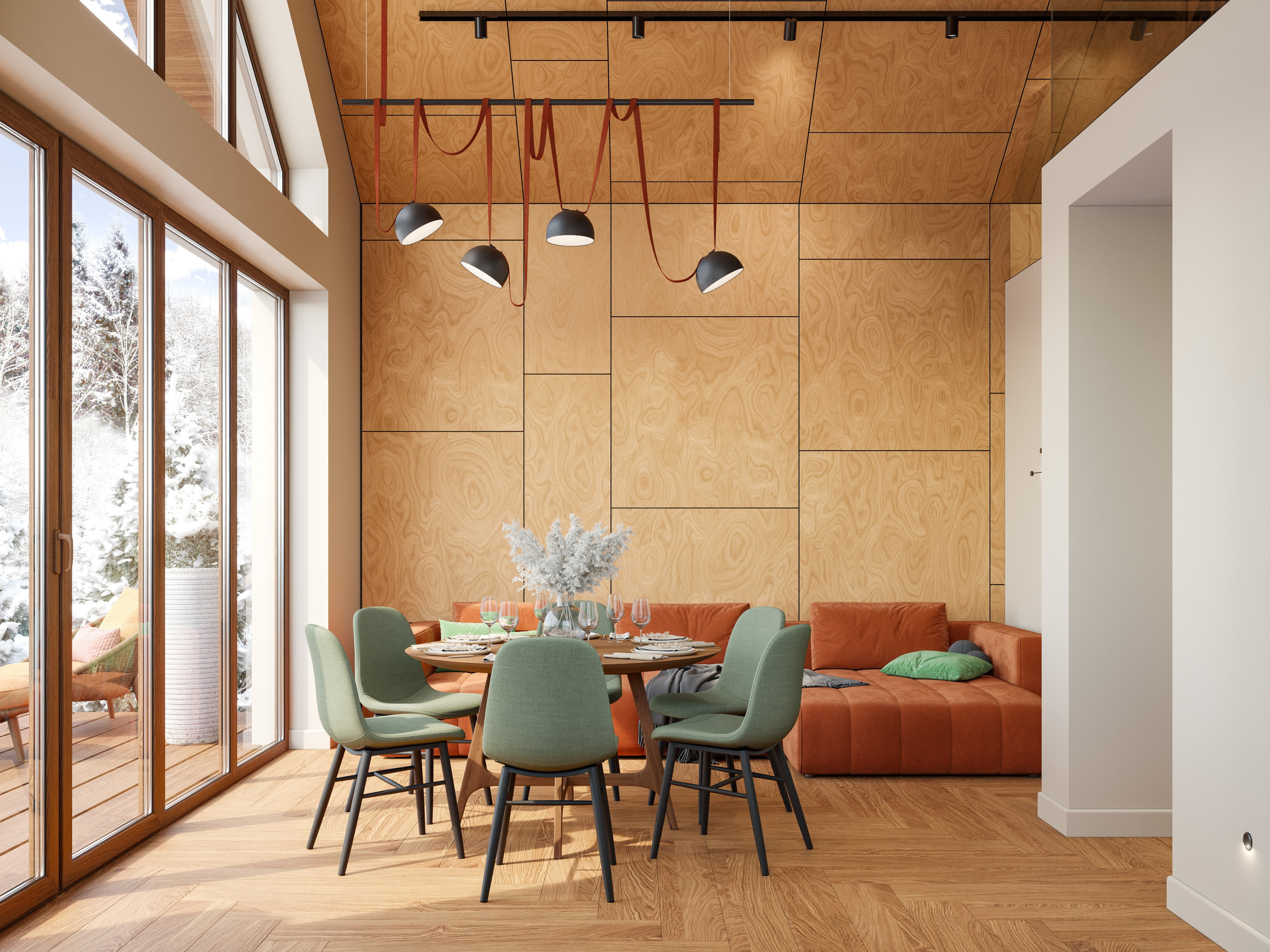 Панорамная 3D визуализация гостиной в бане: вид на диванную зону 