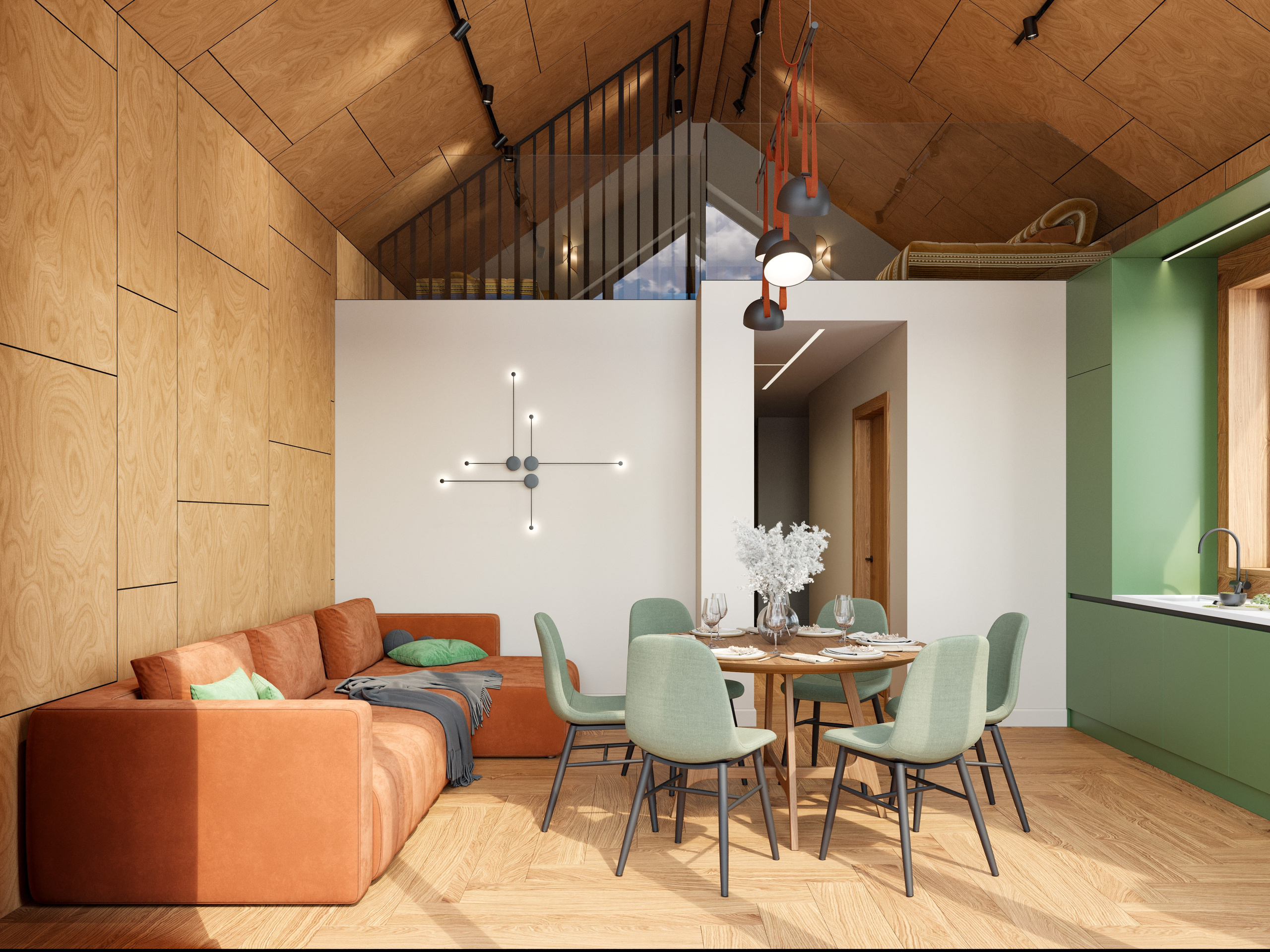 Рендер кухни-гостиной в бане: стол из дерева и зеленые стулья перед панорамным окном