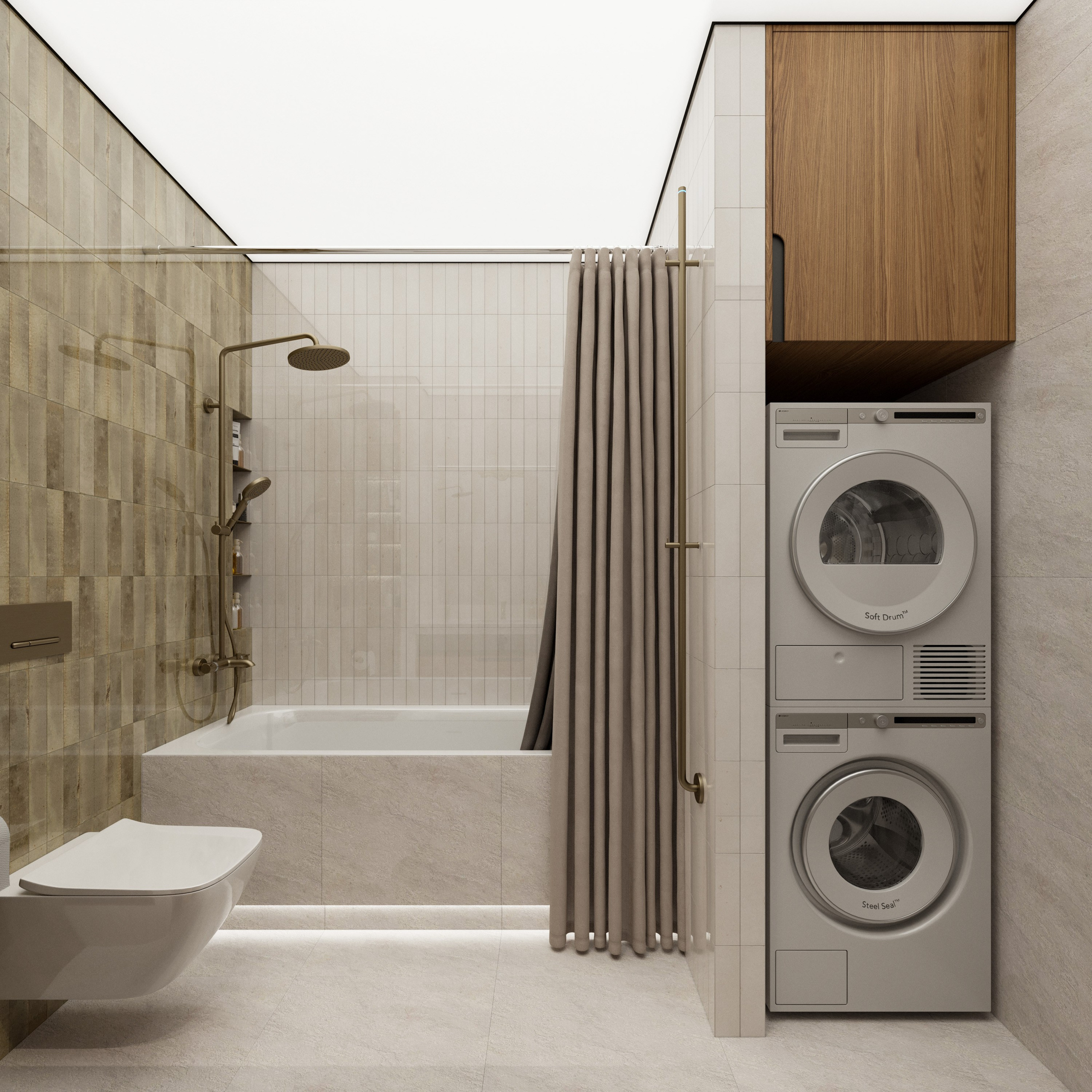 Ванная комната с встроенной техникой и светящимся потолком