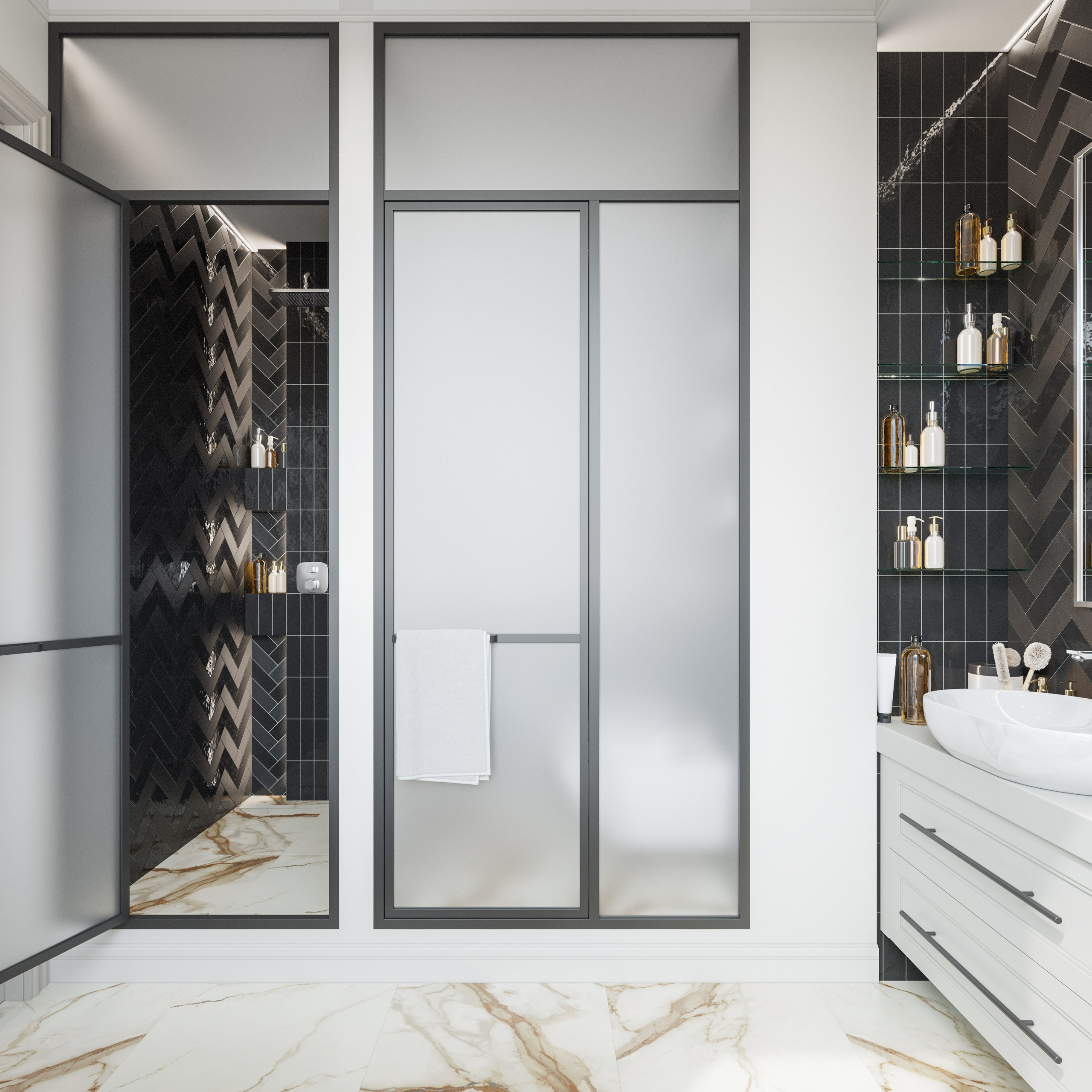 Стеклянные перегородки с матовым стеклом в черном раме