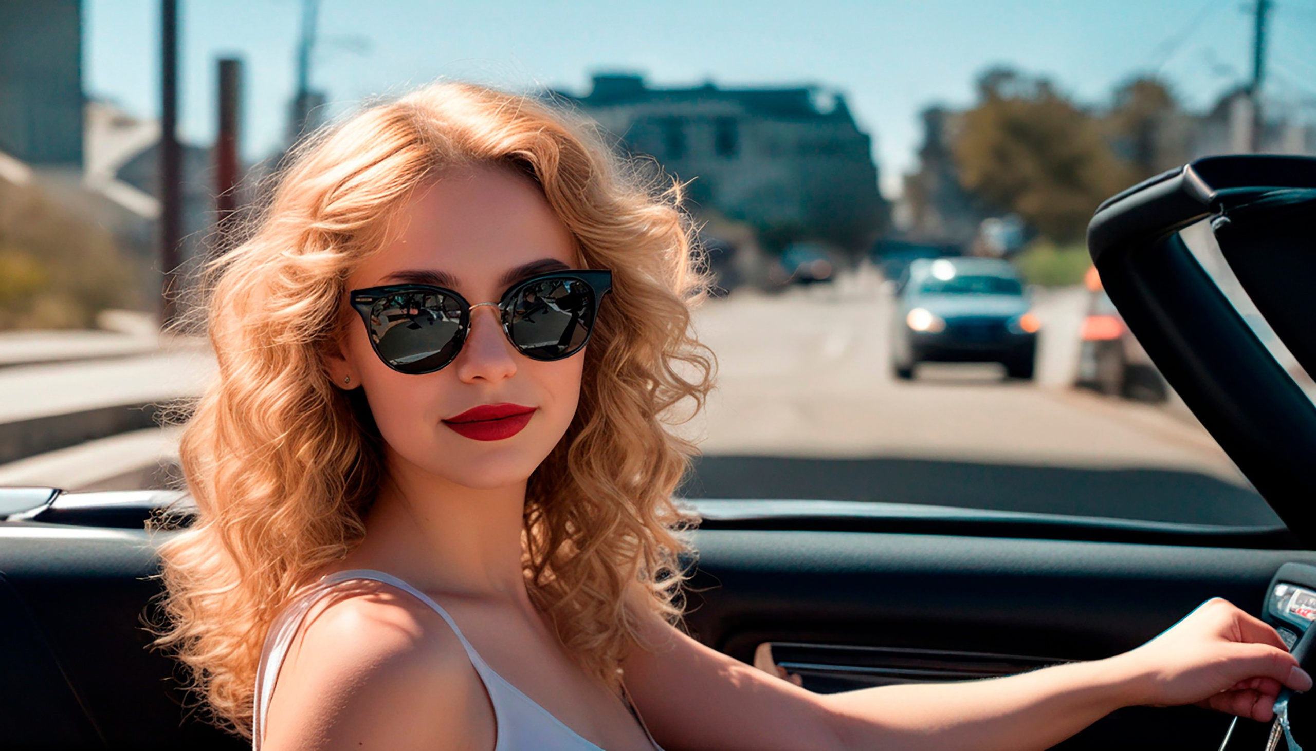 A blonde girl in black sunglasses driving an open car, a sunny day, somewhere in America, our days..