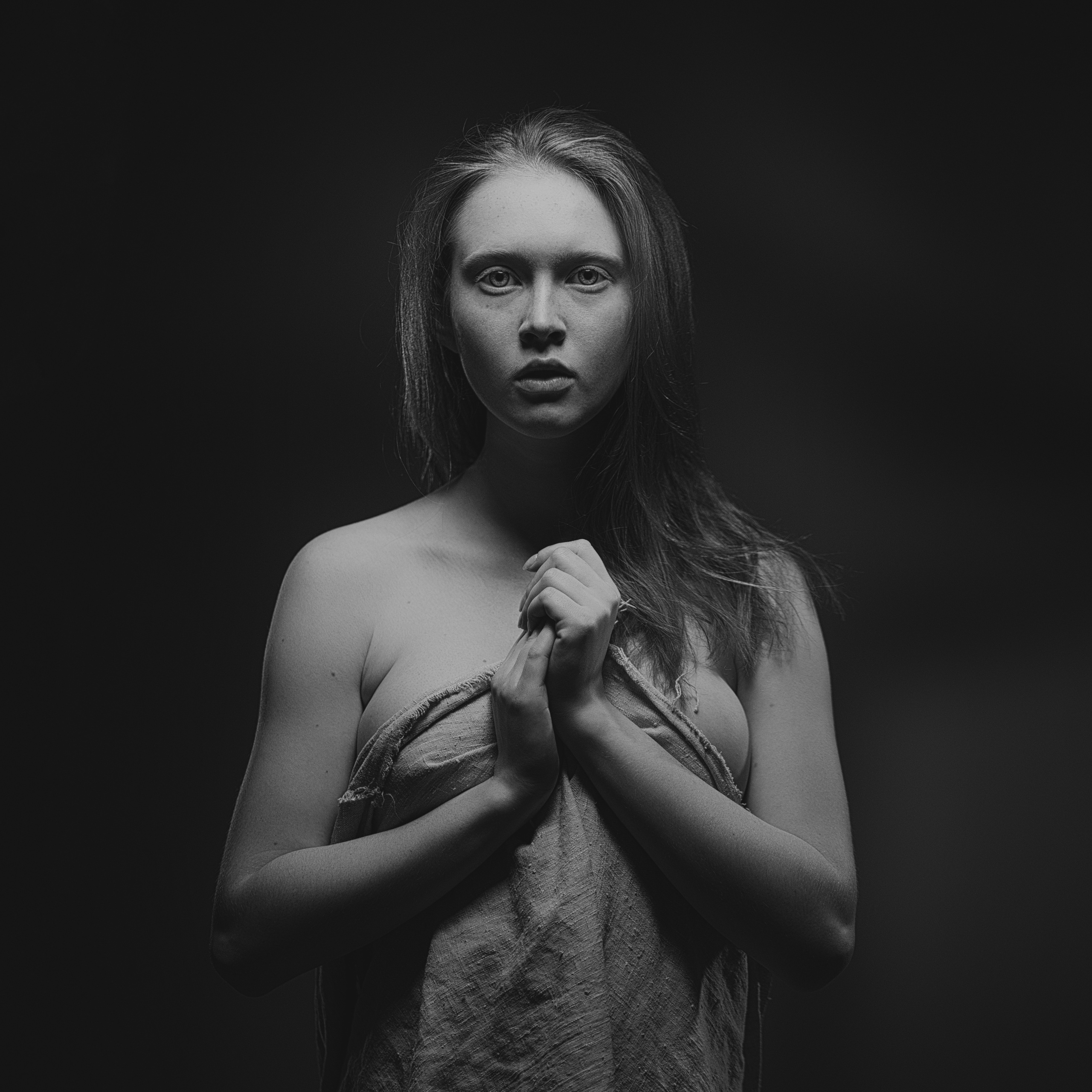 Черно-белый портрет молодой девушки, которая позирует обнаженной, прикрывая грудь руками и грубой тканью