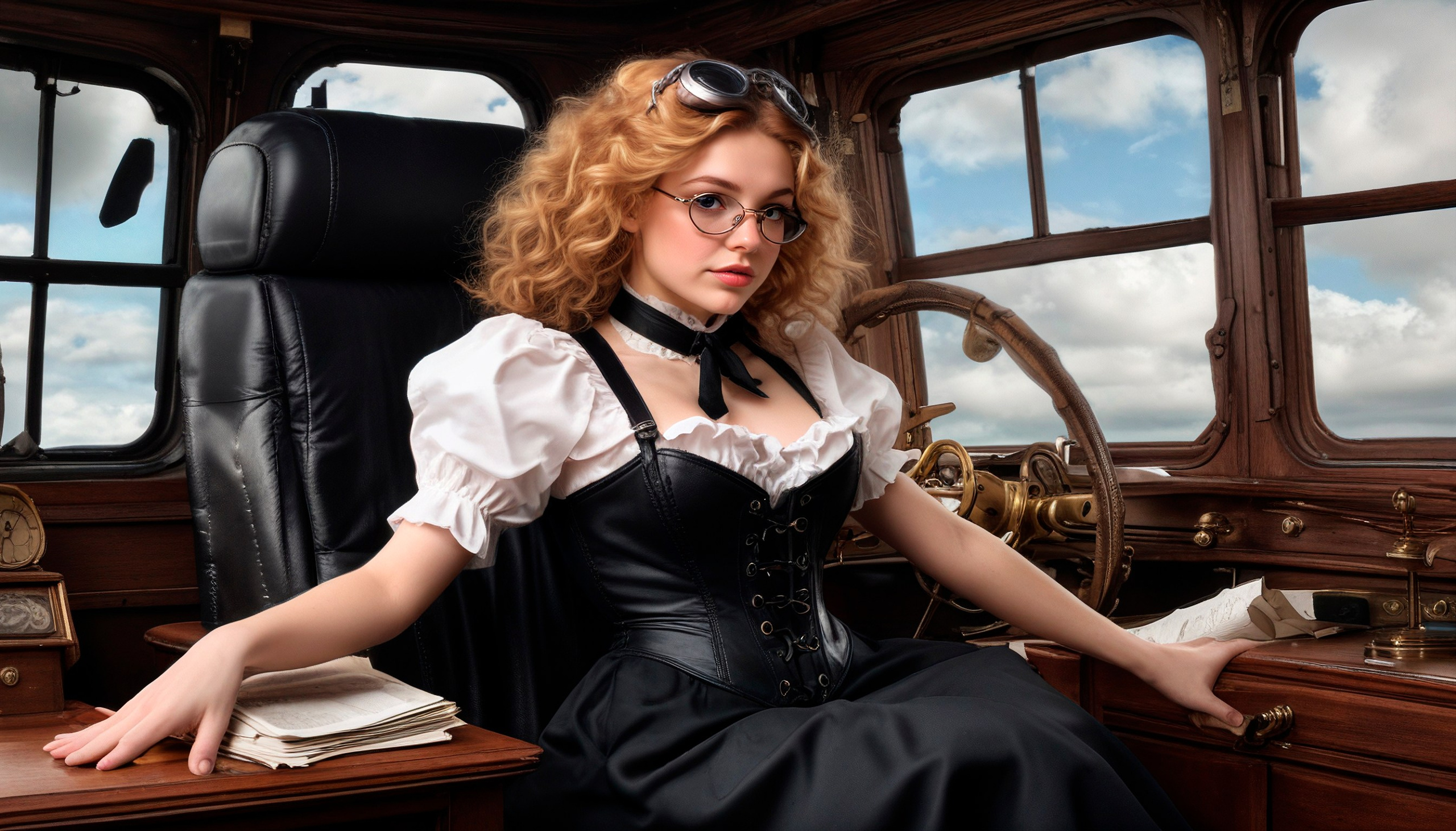 Alice is in Steampunk Country..In the cockpit of a fantastic steam aircraft..