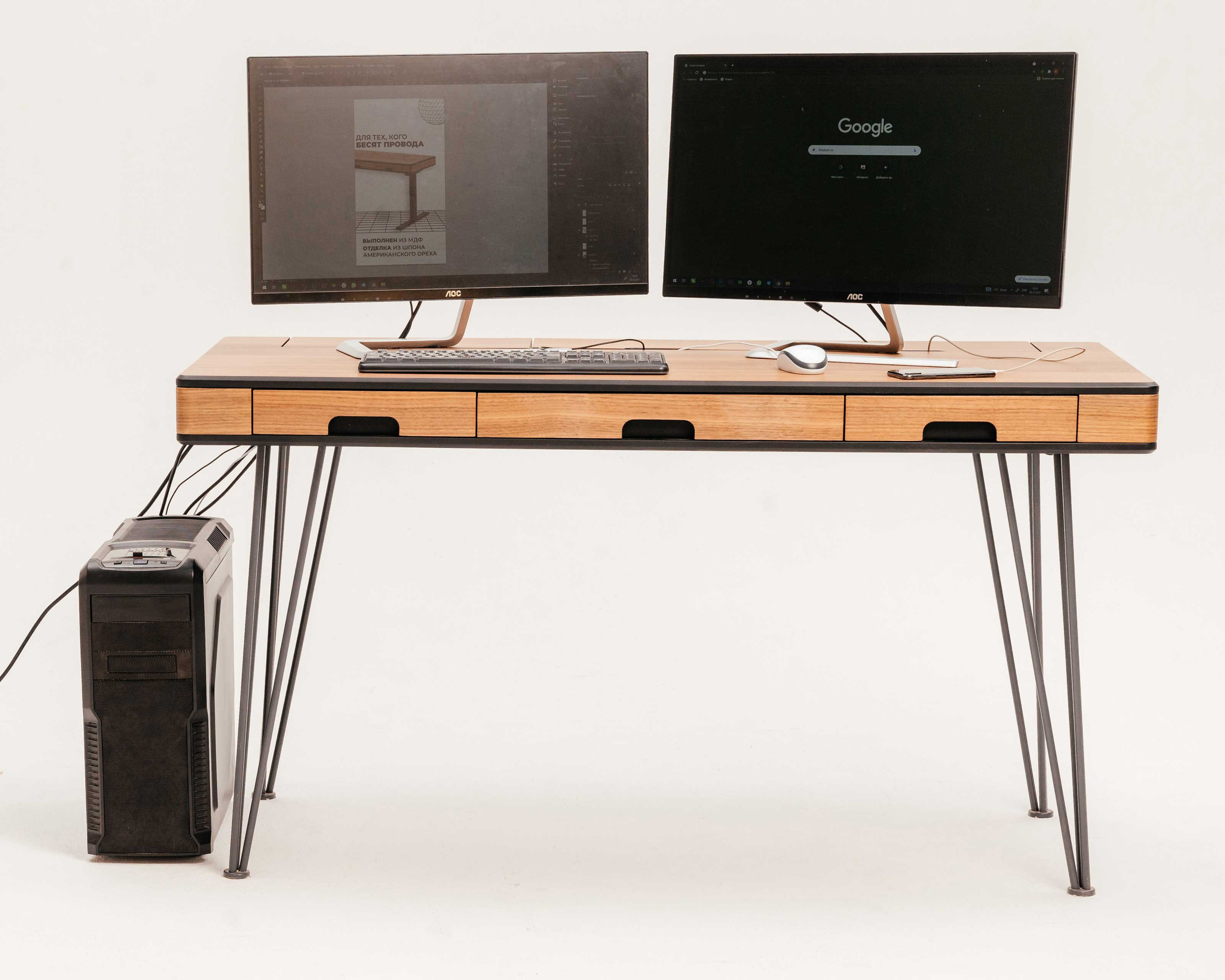 Два монитора стоят на столе, возле стола системный блок, провода спрятаны в столе