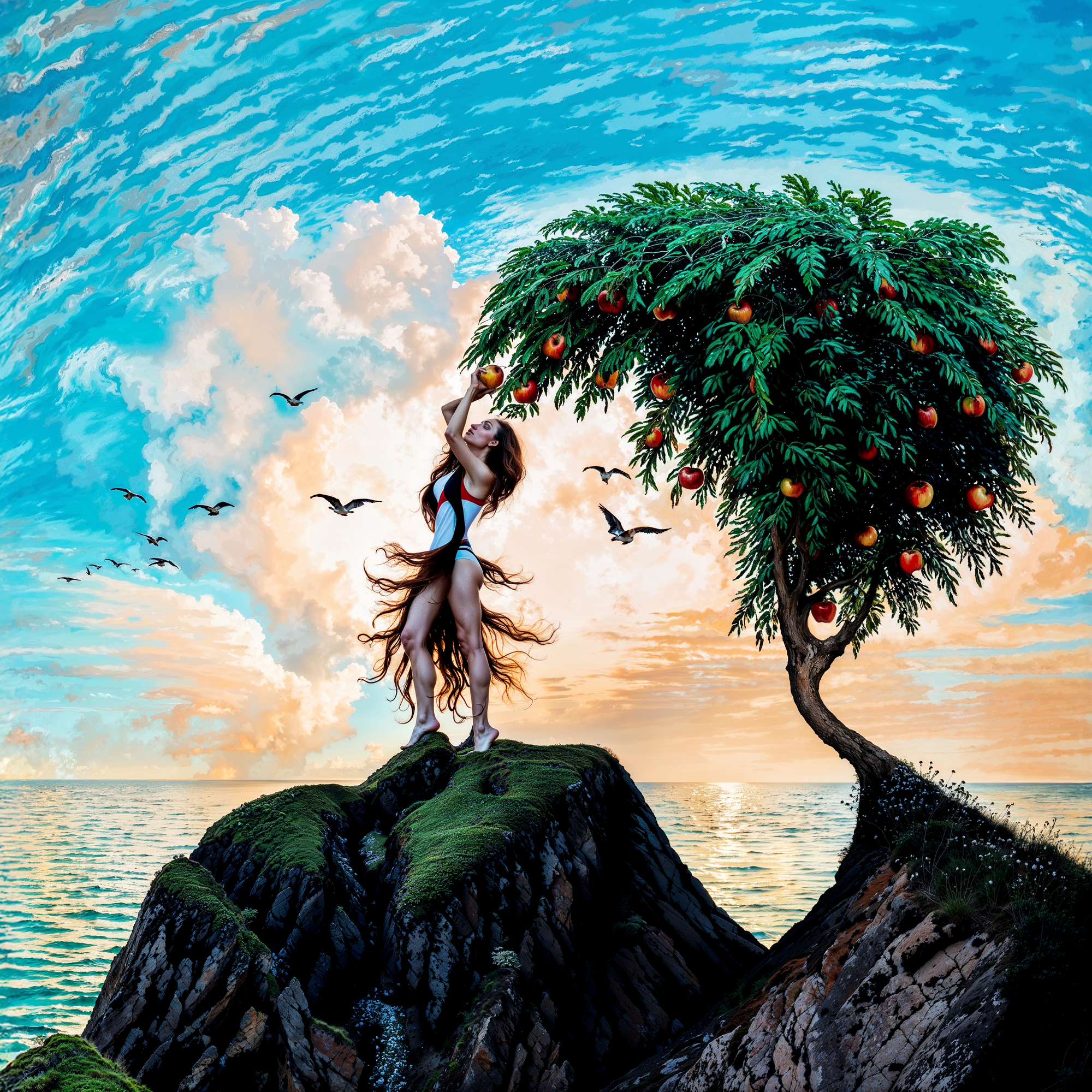 Девушка на утёсе тянется к яблоку на дереве, волосы превращаются в пейзаж — двойной образ в стиле Октавио Окампо.