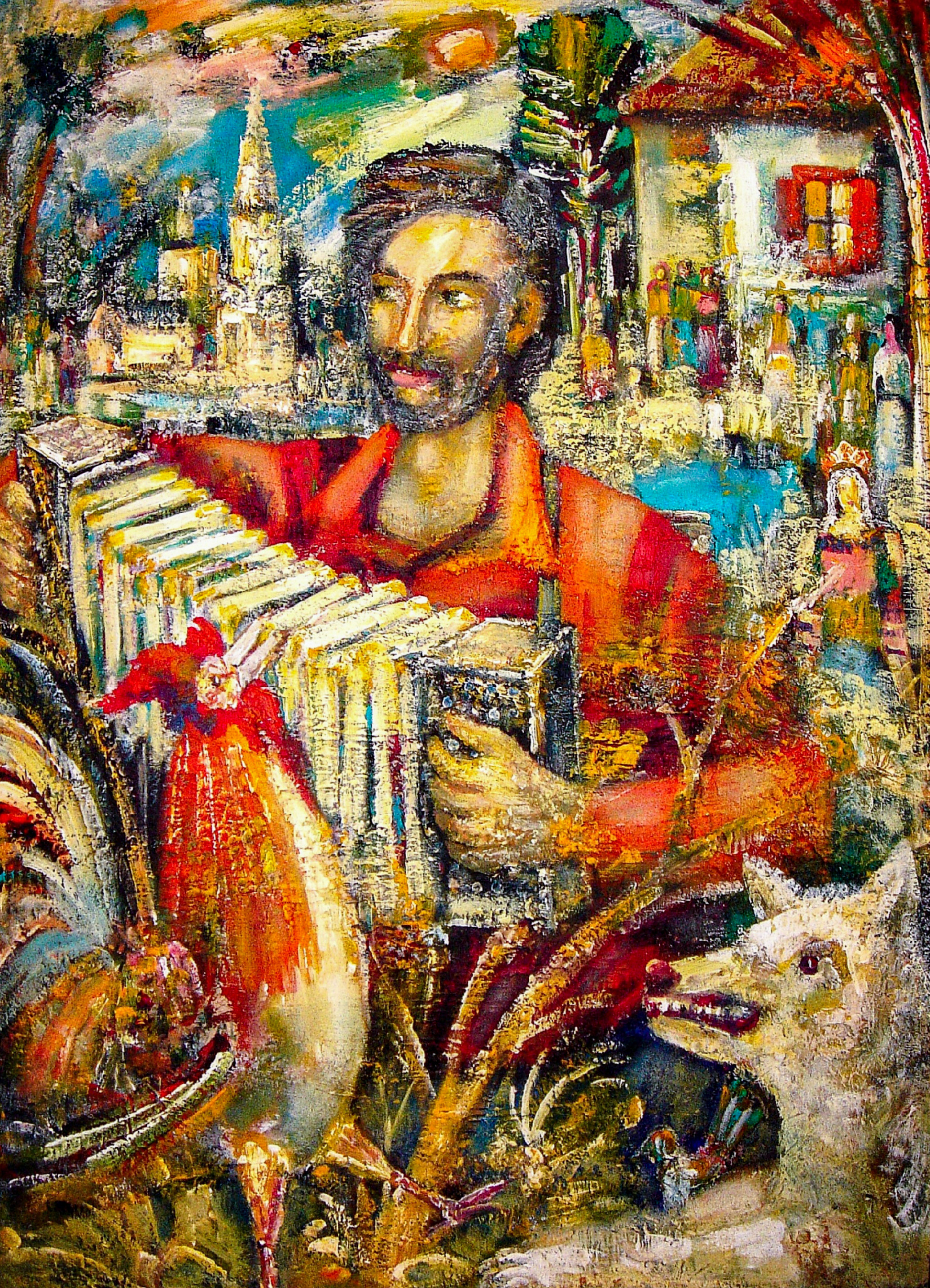 Гармонист с петухом и собакой. 2008-2011гг. Холст, масло, акрил. 120Х90см. Арт. ...