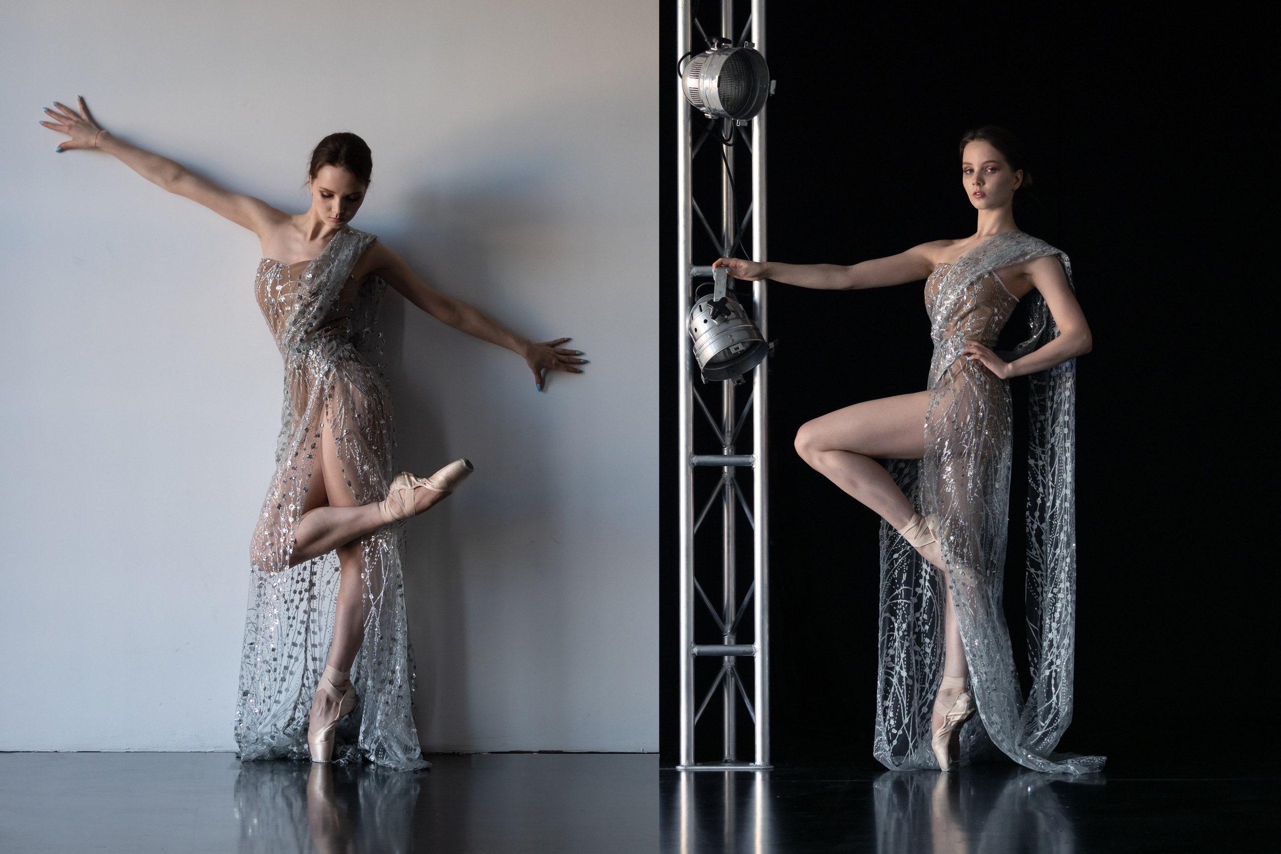 Эффектная балетная фотография танцовщицы в блестящем платье, демонстрирующая грацию и элегантность на сцене