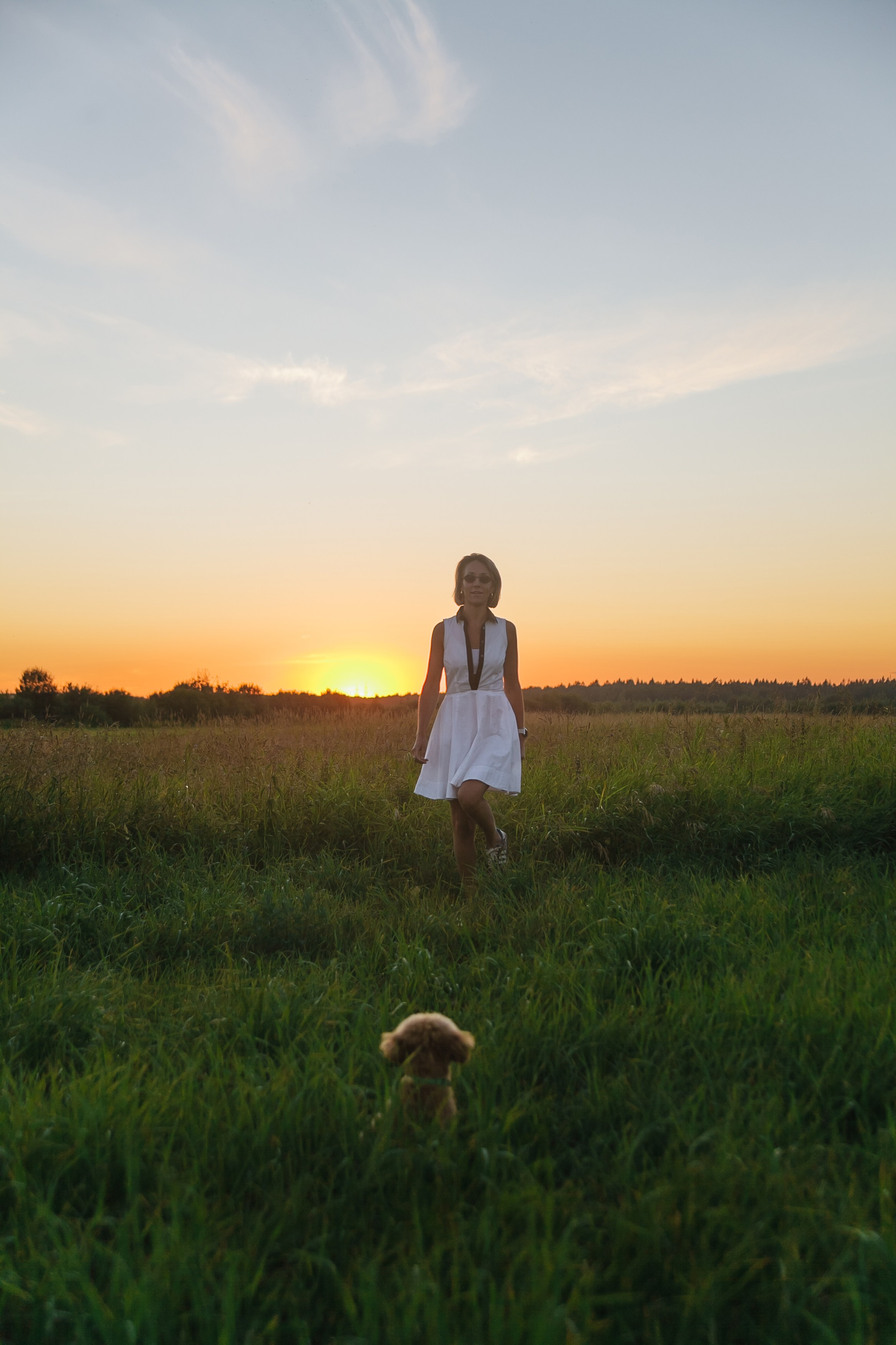 Девушка, закат, собака. Семейный фотограф, свадебный фотограф, женский портрет в Санкт-Петербу