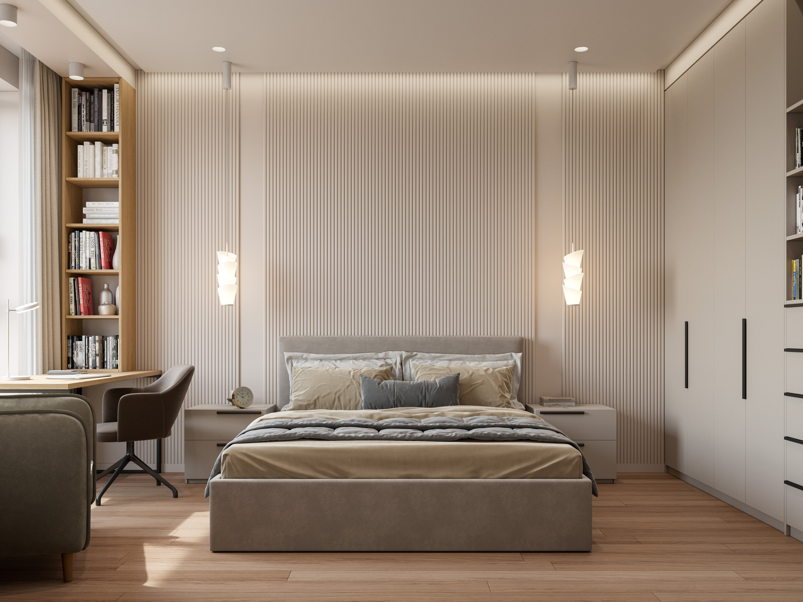 Спальня для девушки с кроватью с текстильным изголовьем и прикроватными тумбами