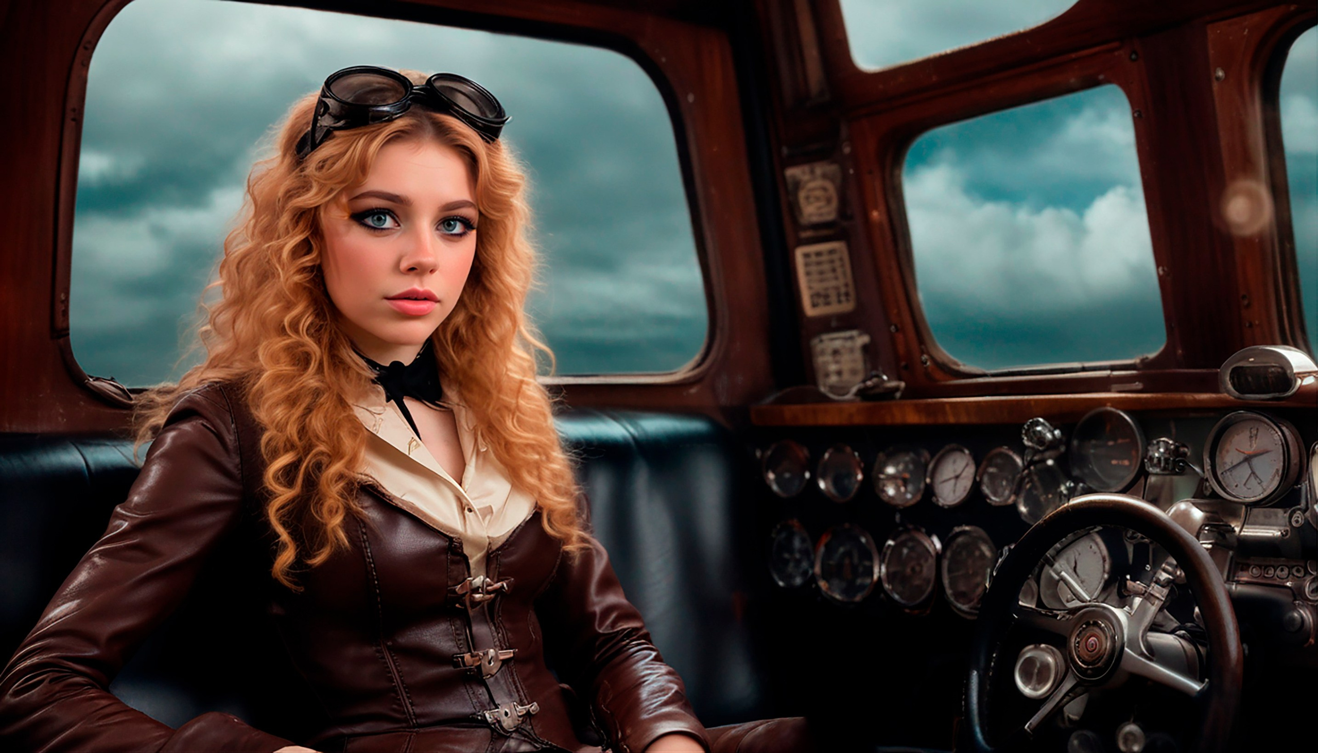 Alice is in Steampunk Country..In the cockpit of a fantastic steam aircraft..
