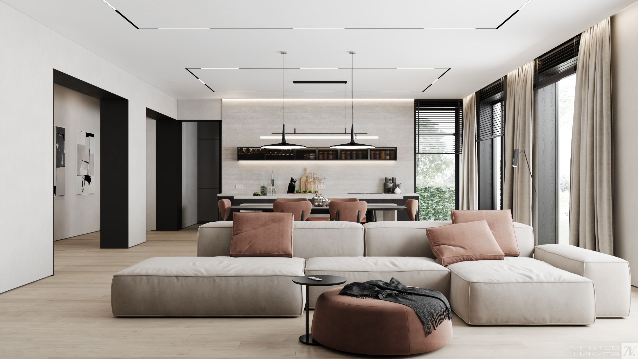 Проект коттеджа в стиле теплый минимализм. Дизайнер интерьера Липатов Никита. Москва