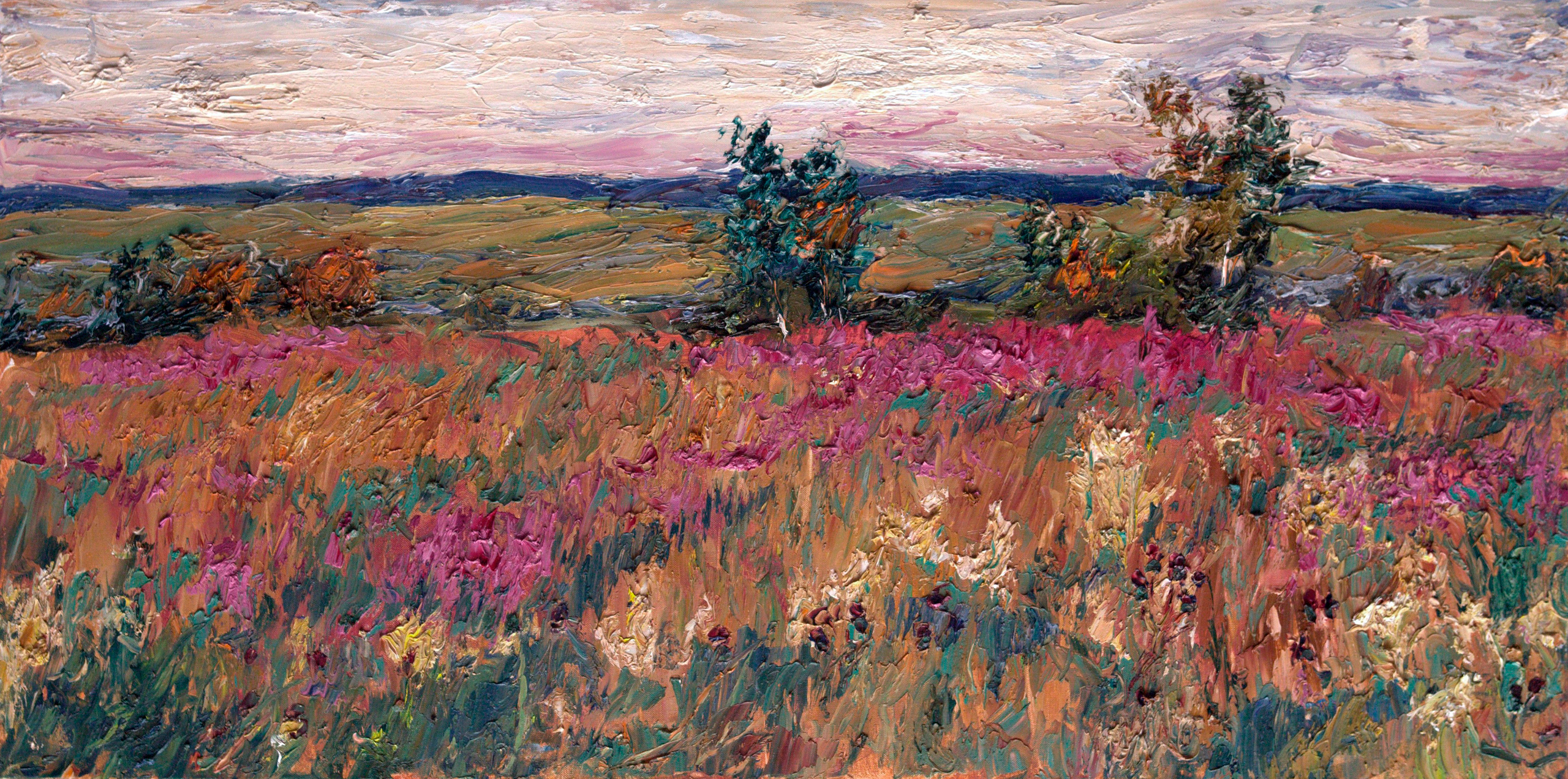 "Вечернее поле в цвету" холст, масло, 50x100см., 2019 год