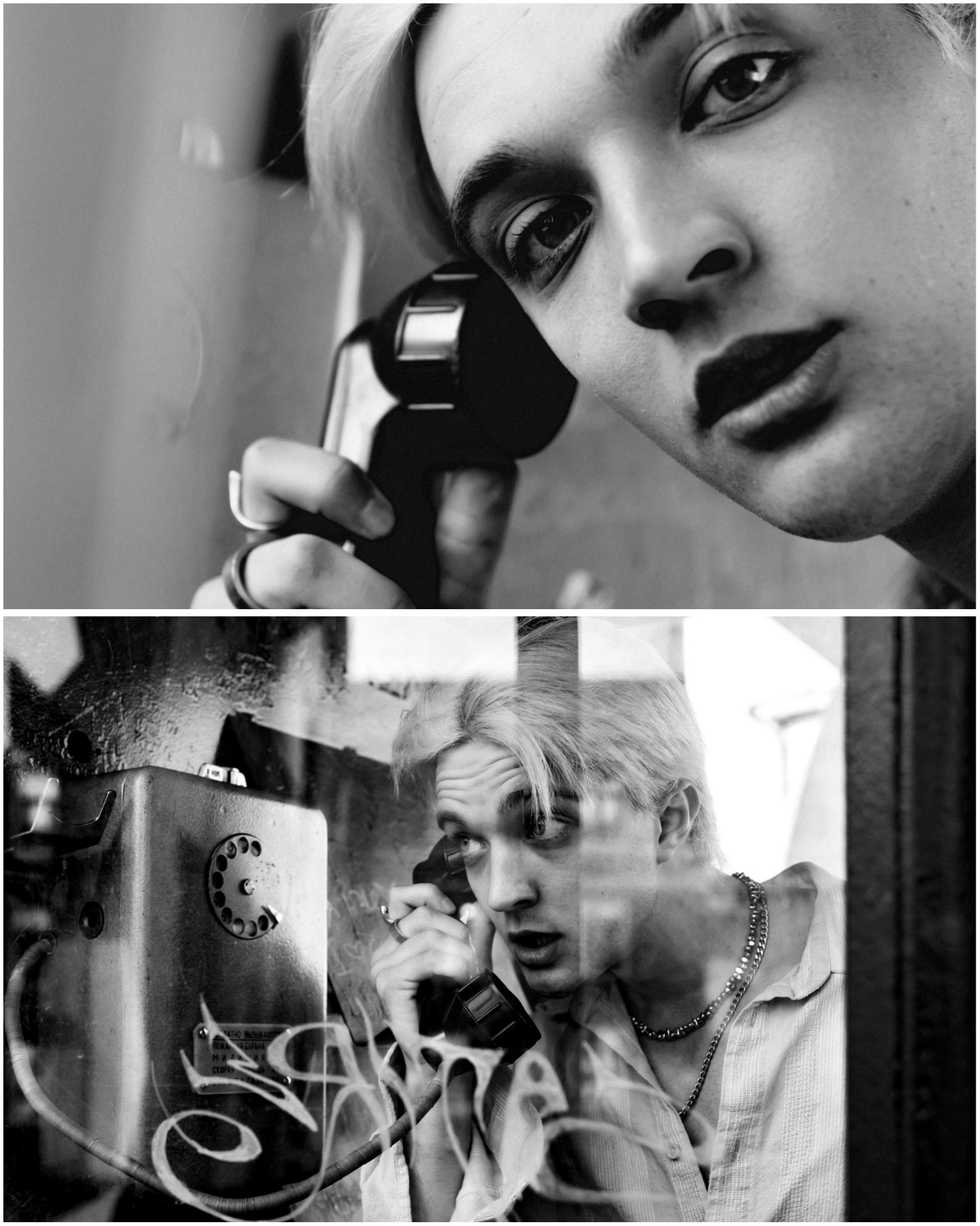 фото, как кадр из фильма, парень звонит в телефонной будке