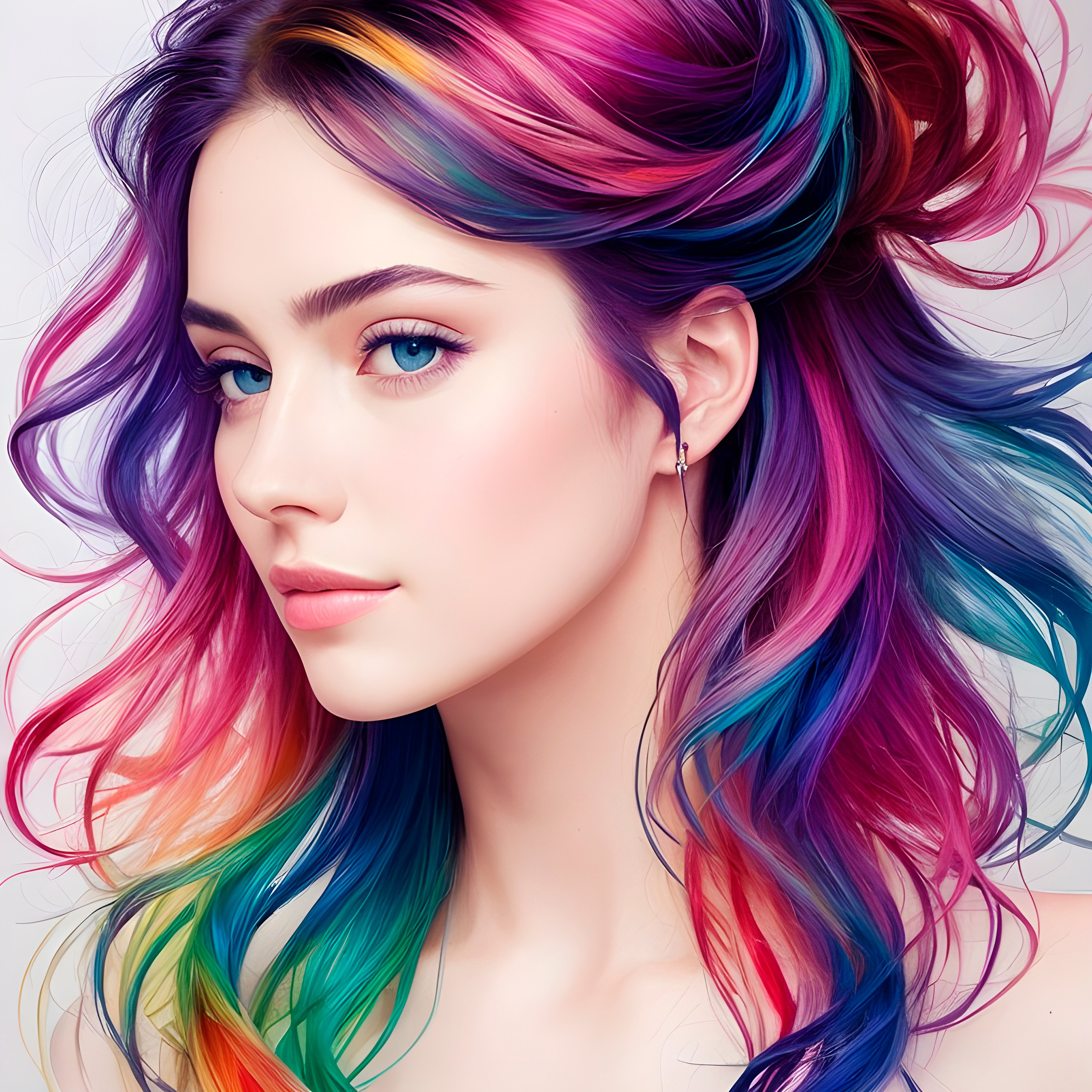 Portrait of a girl with multicolored hair and blue eyes,drawing