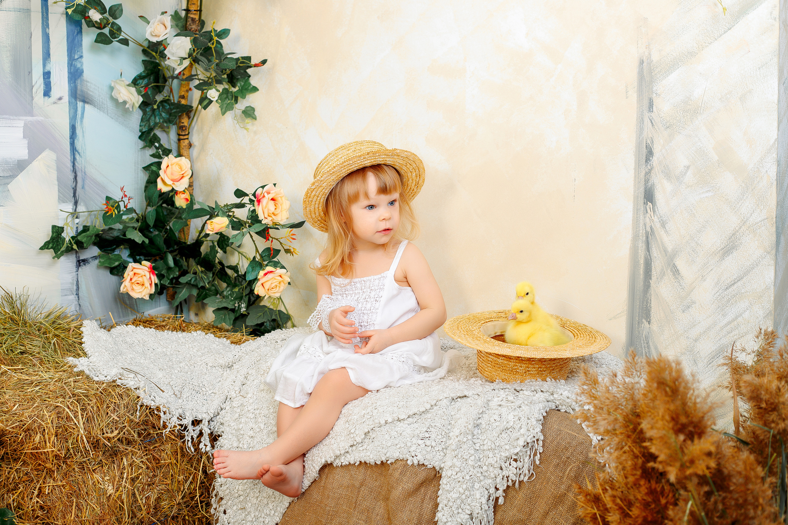 девочка в белом платье сидит на стоге сена 