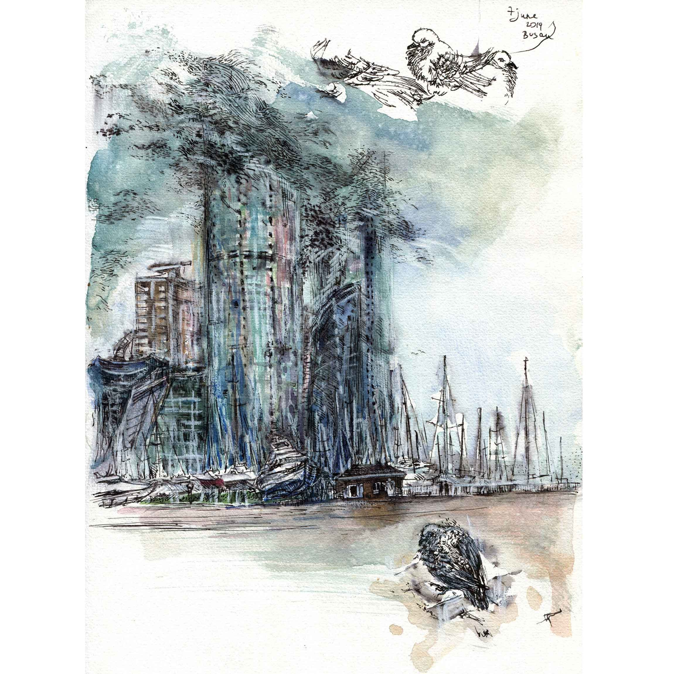 ПУСАН. ЮЖНАЯ КОРЕЯ. тушь, акварель графика художник Перепеченова Анна