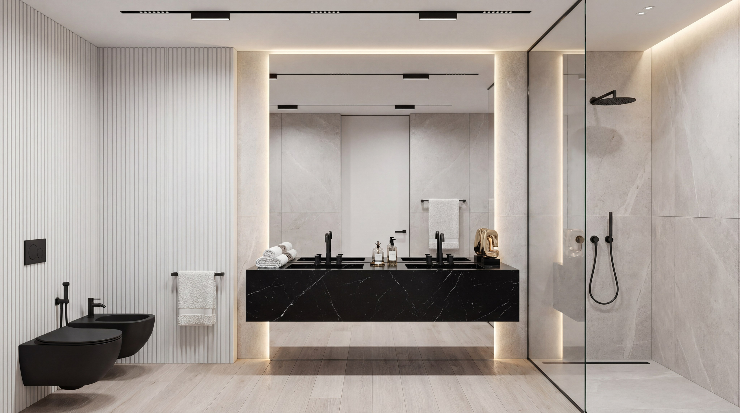 Интерьер второго санузла в квартире 113 м² от Валерии Котович: черная двойная раковина-консоль, душевая зона с прозрачным стеклом, подвесной унитаз и отделка стен под мрамор.