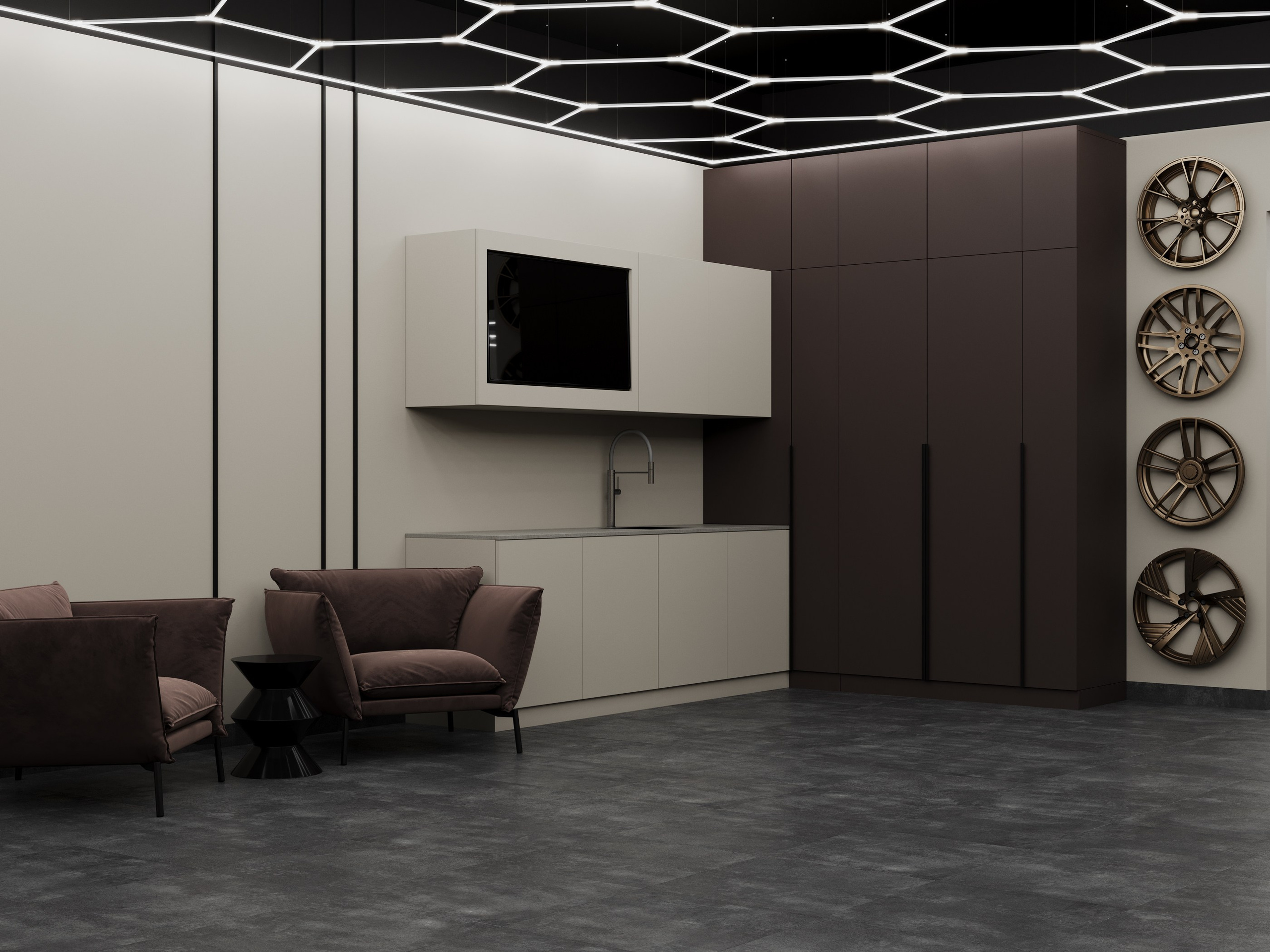 3D визуализация интерьера дизайнерской зоны отдыха в премиальной студии детейлинга