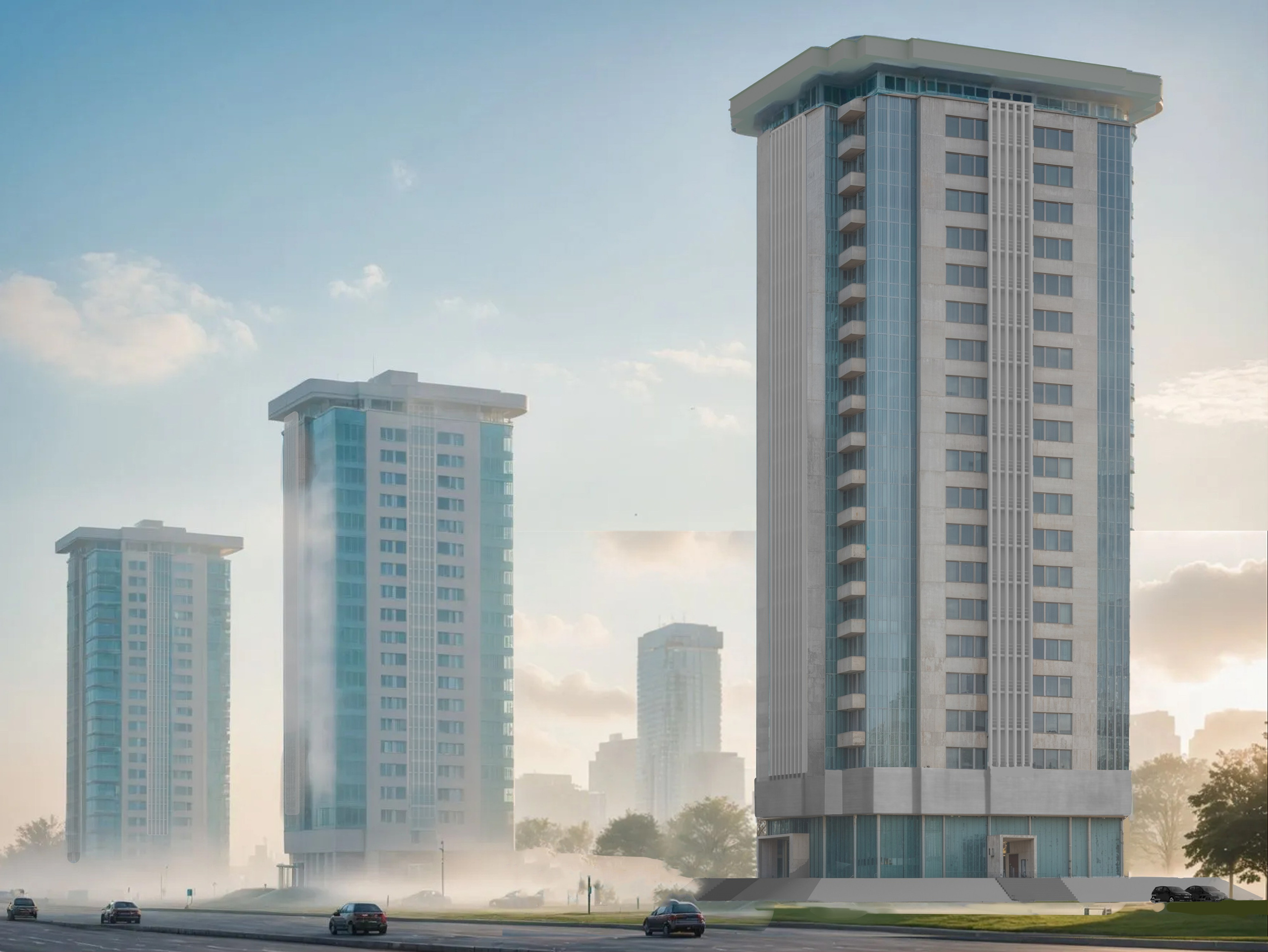 Улучшенная визуализация трёх современных жилых башен на фоне утреннего тумана и городского панорамы