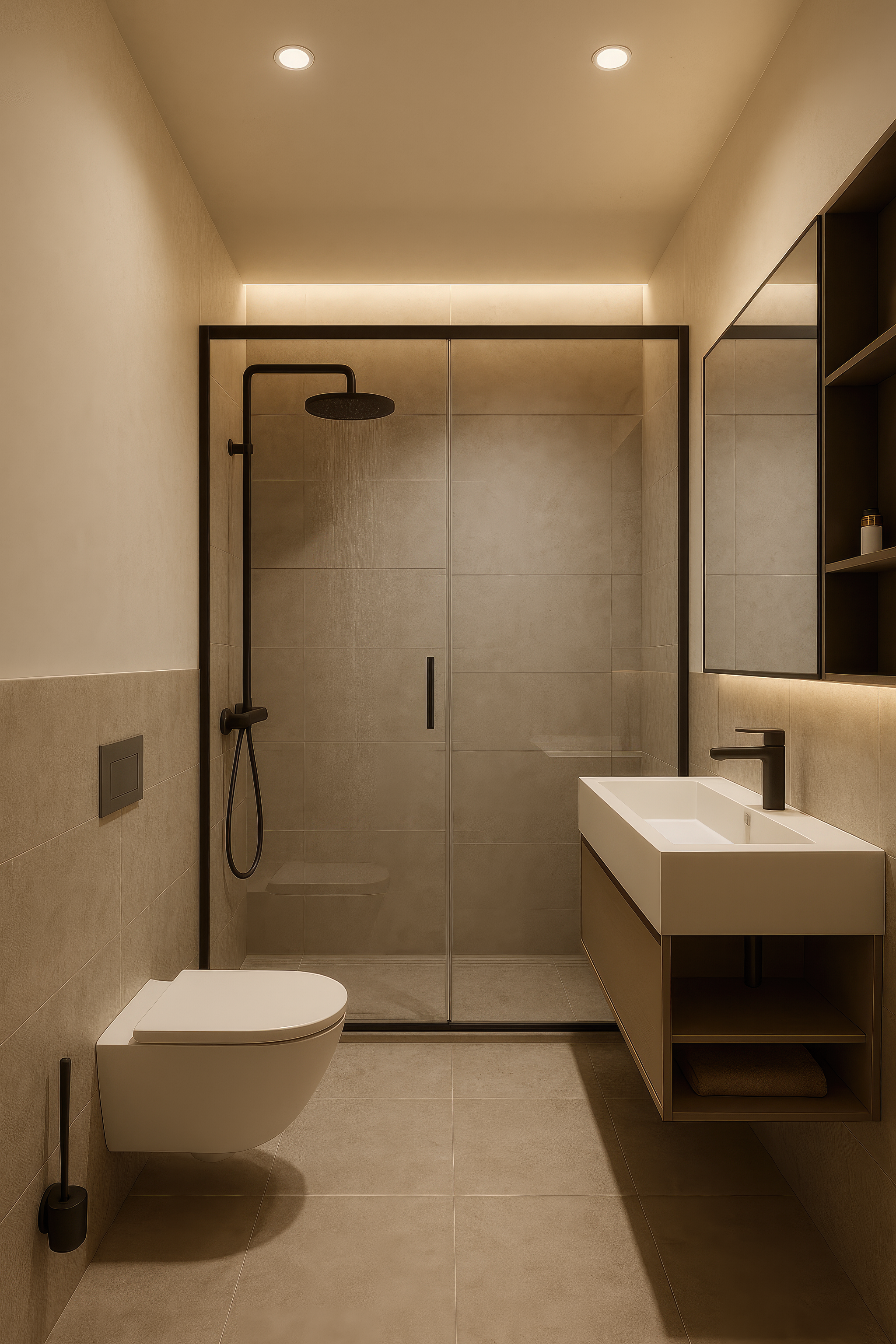 Минималистичный санузел в тёплых тонах с душевой кабиной