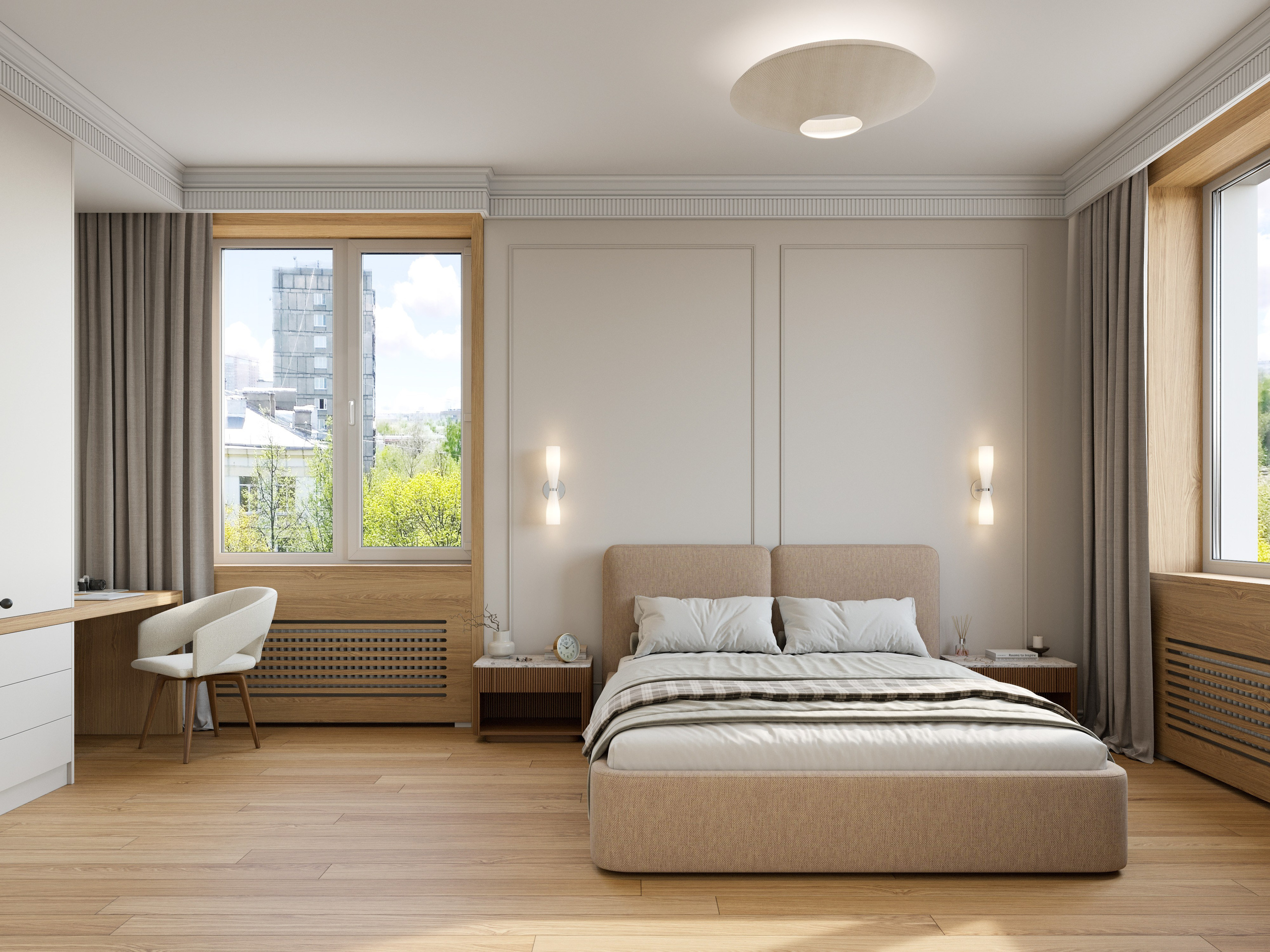 Спальня в стиле минимализм с рабочей зоной встроенной в шкаф