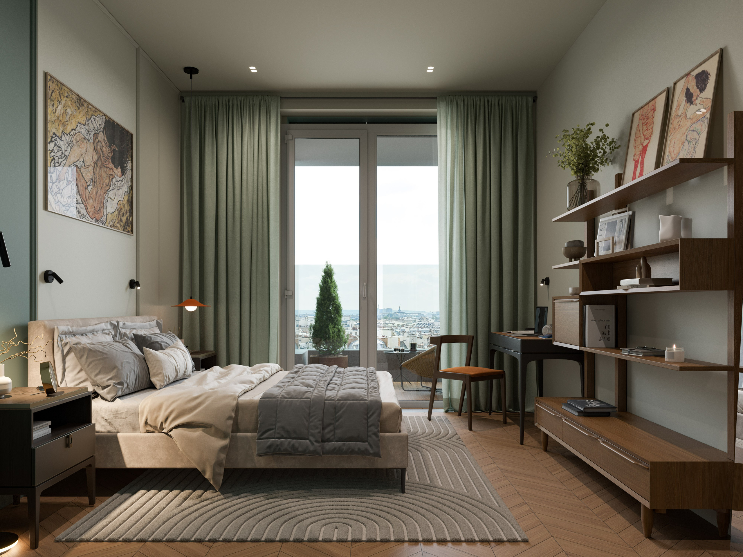 Яркая спальня с бежевым ковром и графитовыми тумбами - 3D визуализация интерьера
