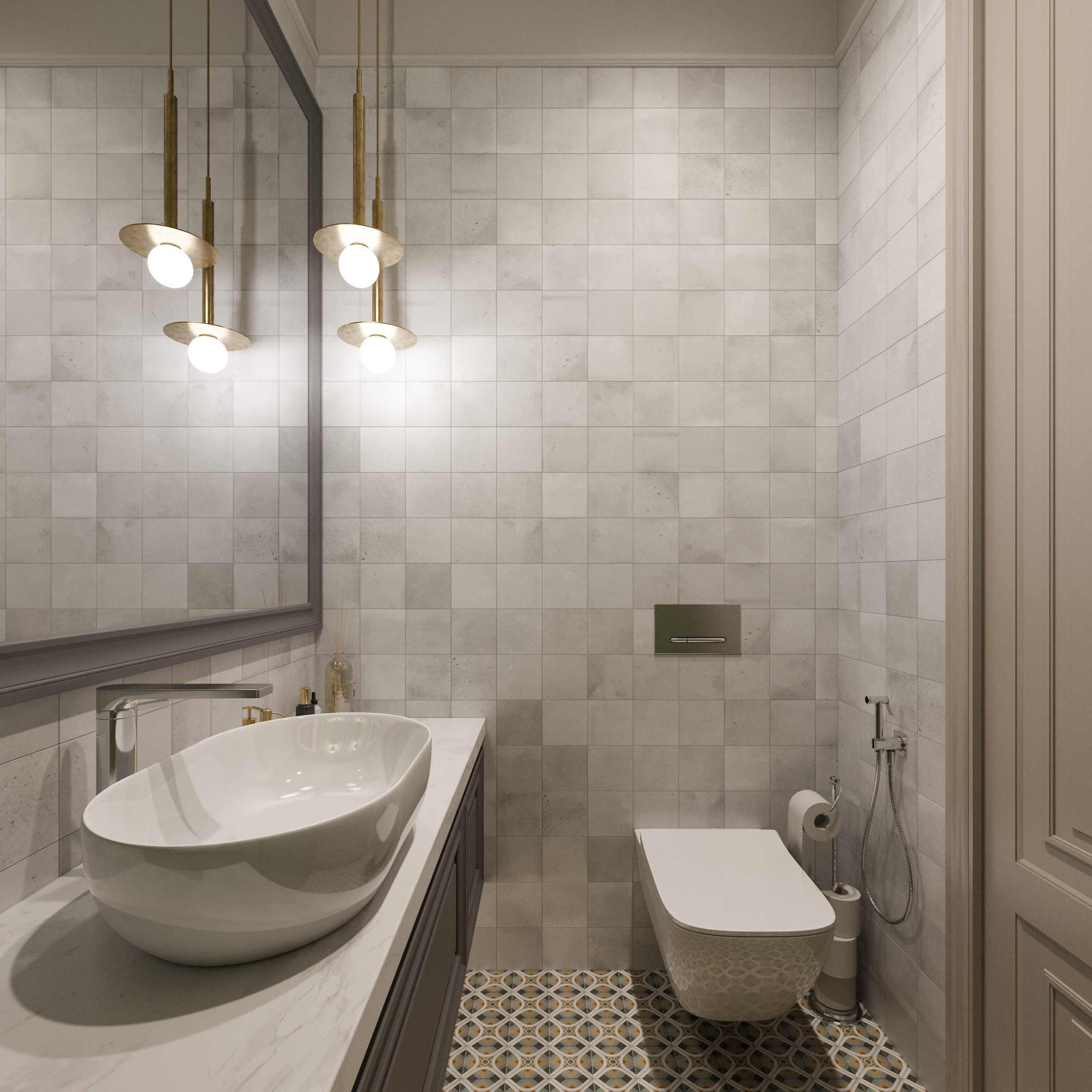 Компактный гостевой санузел в неоклассическом стиле с зеркалом в деревяной раме