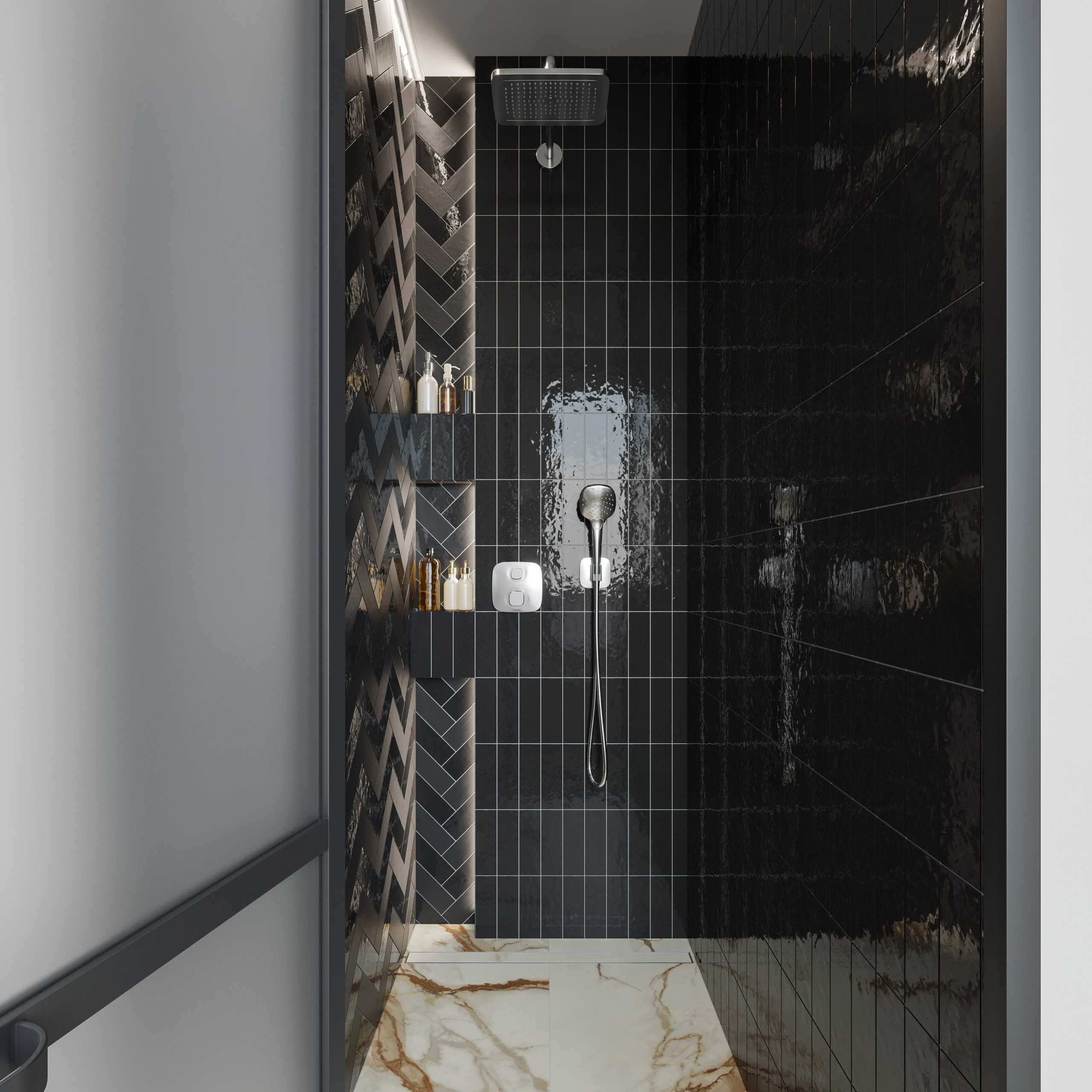 Душевая зона в мастер-санузле с плиткой елочкой и стеклянной перегородкой